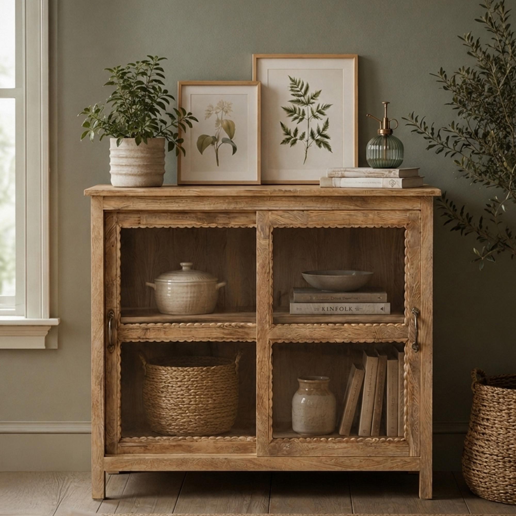 Daisy Carved Display Cabinet - 2 Door - Natural - Glass and Mango Wood