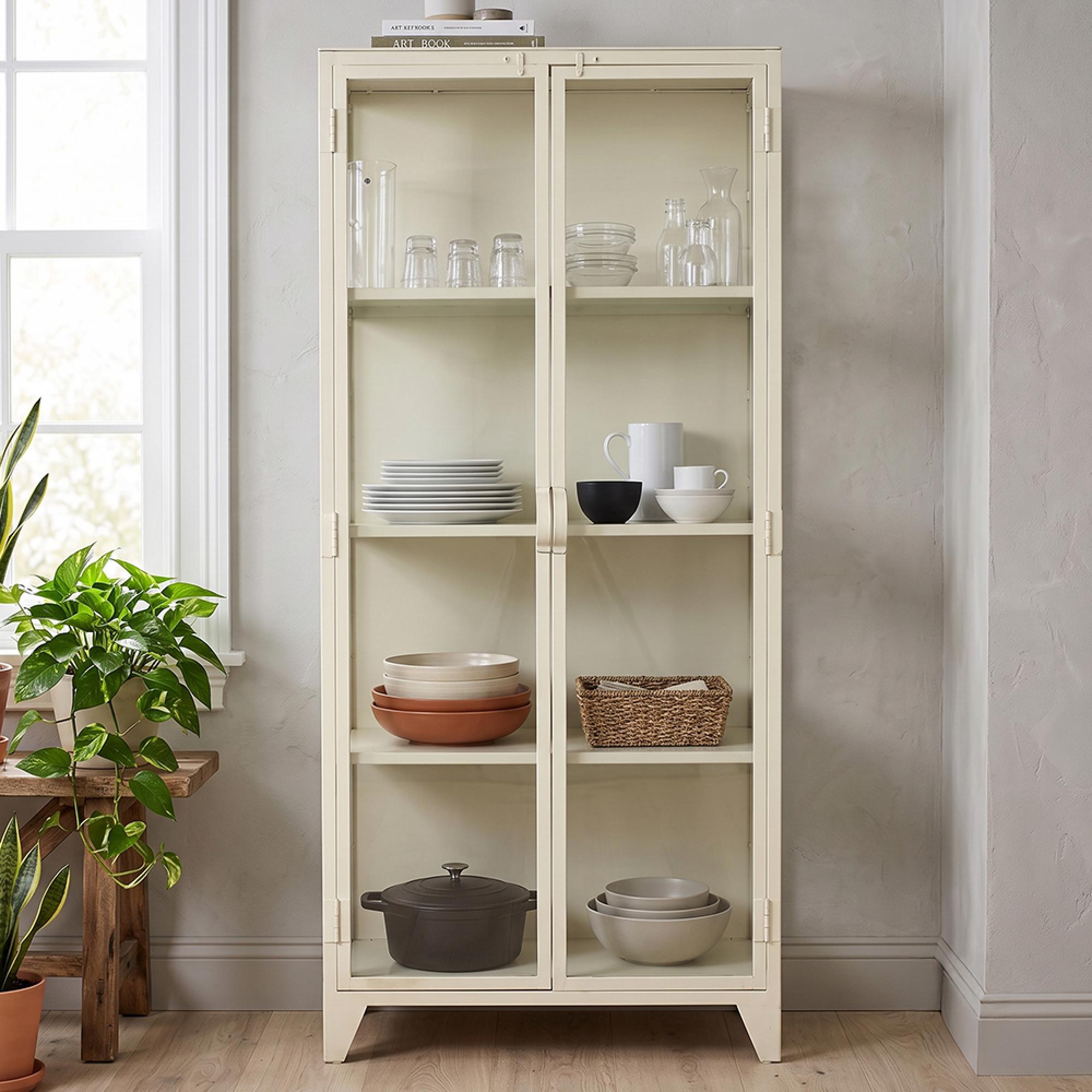 Display Cabinet - 2 Door - Cream - Glass and Metal
