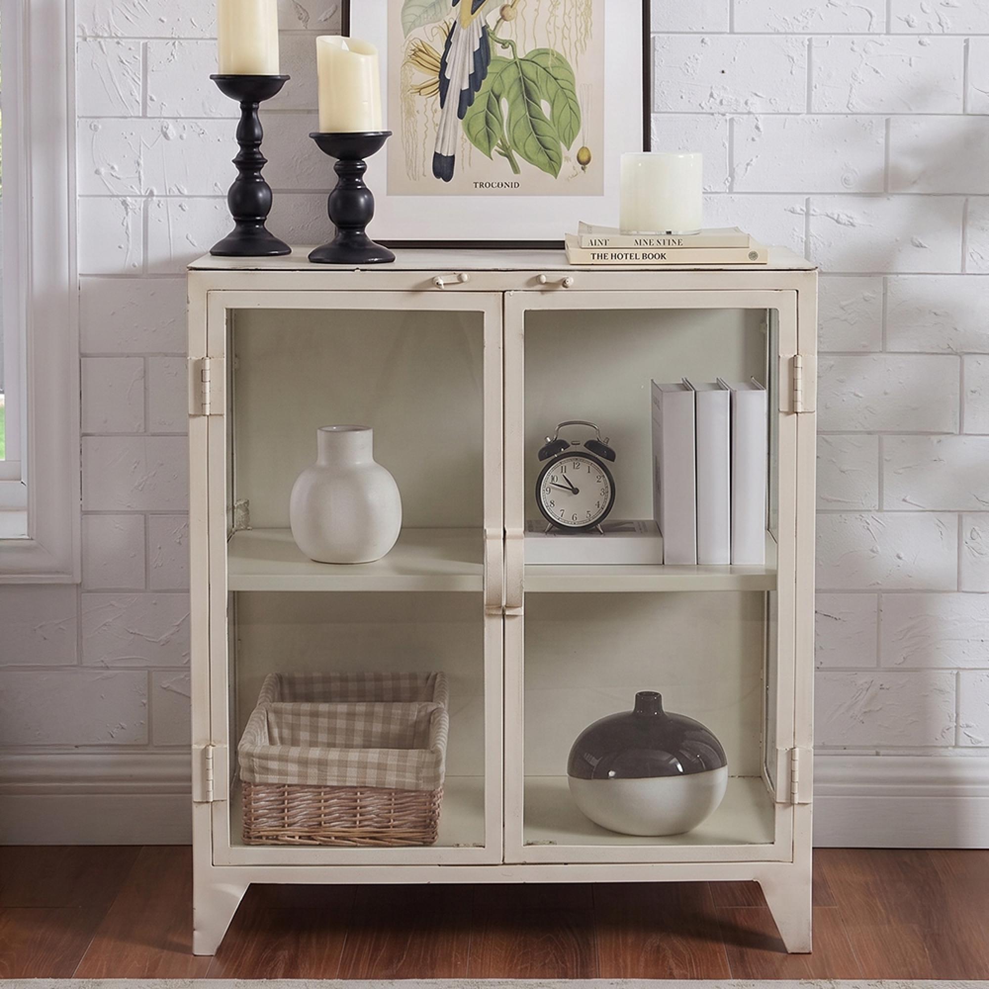 Display Cabinet - 2 Door - Low - Cream - Glass and Metal