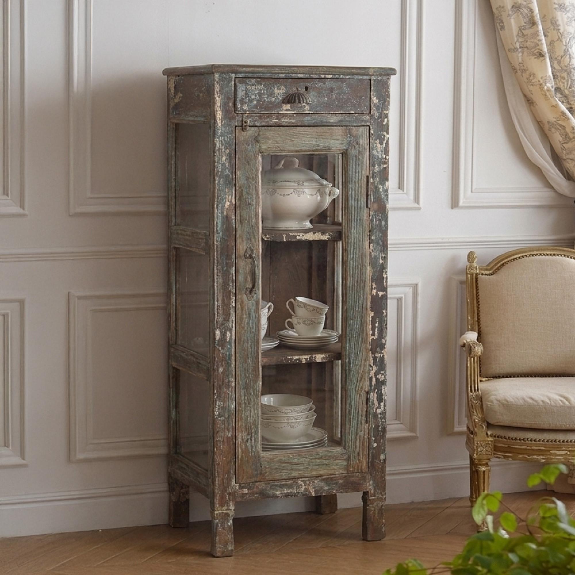 Distressed Display Cabinet - 1 Door - 1 Drawer - Vintage Brown - Glass and Wood