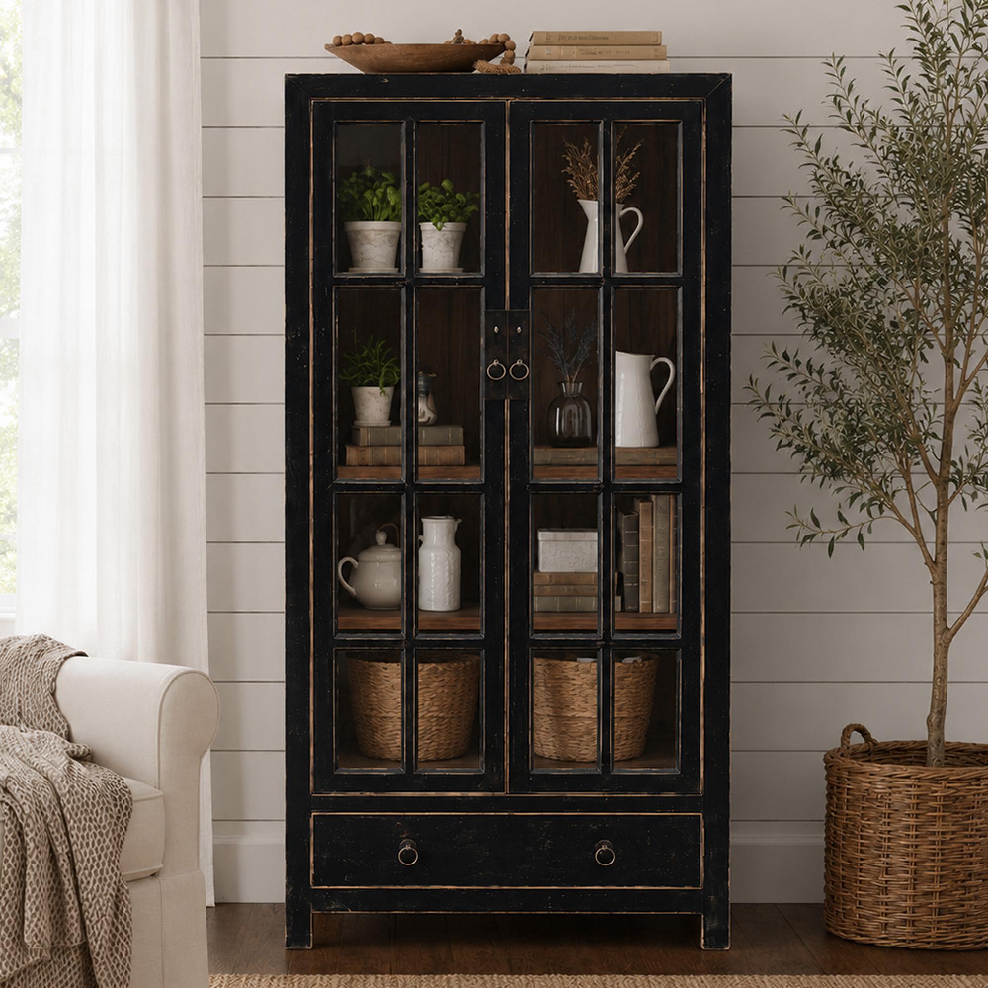 Distressed Display Cabinet - 2 Door - 1 Drawer - Black - Glass and Wood