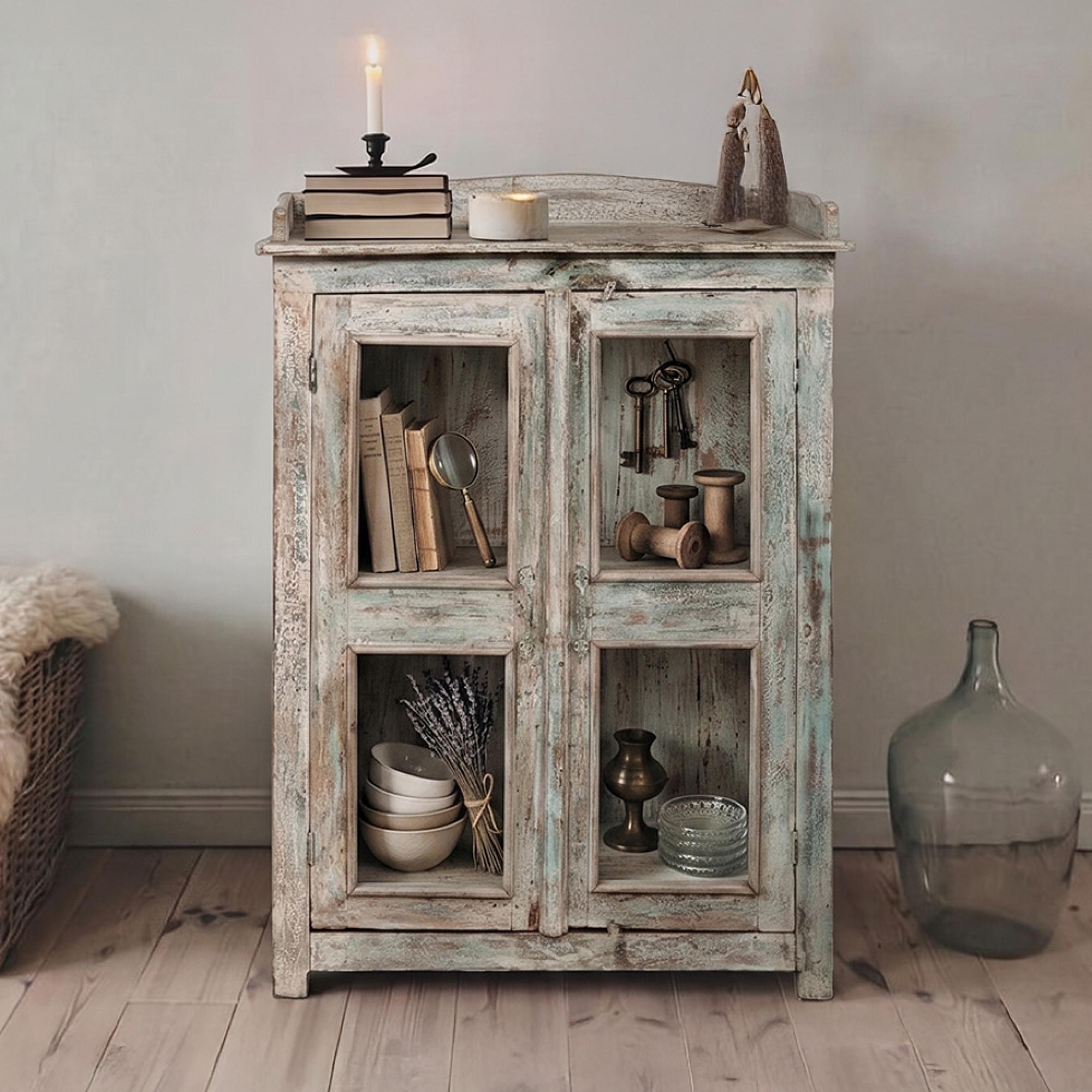 Distressed Display Cabinet - 2 Door - Pale Blue - Glass and Wood