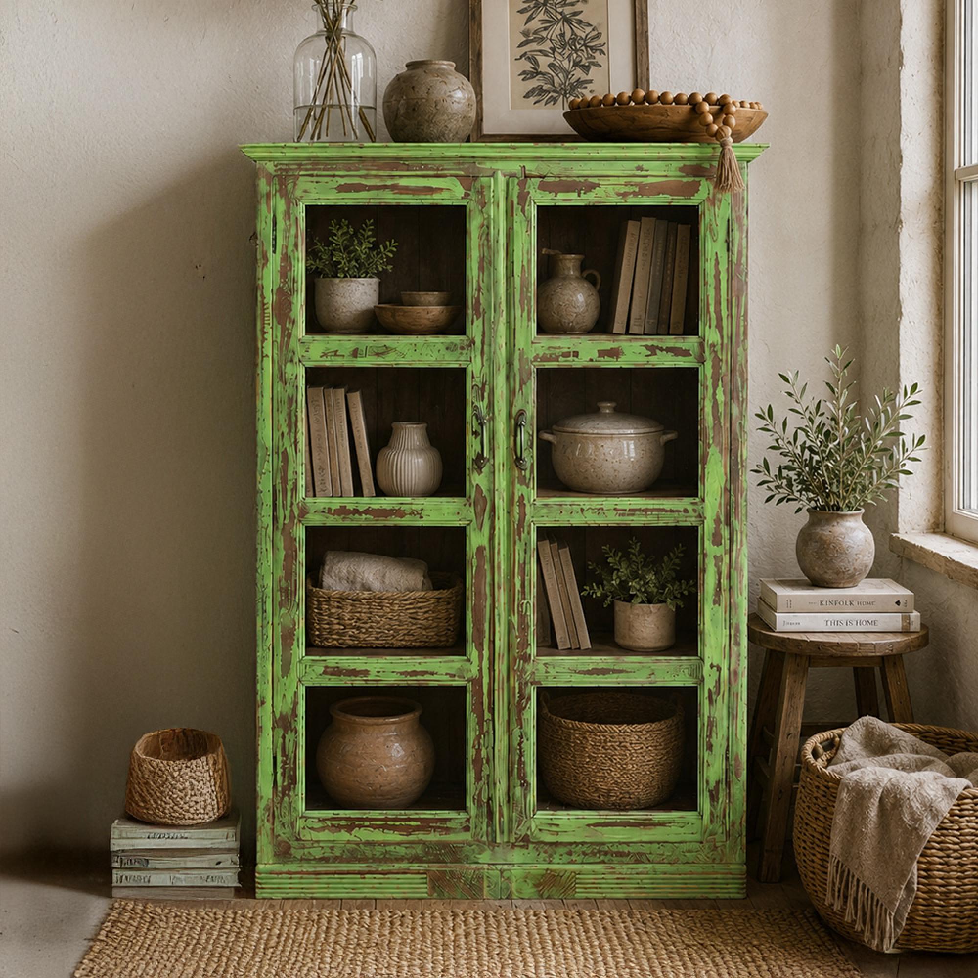 Distressed Display Cabinet - 2 Door - Vintage Green - Glass and Wood