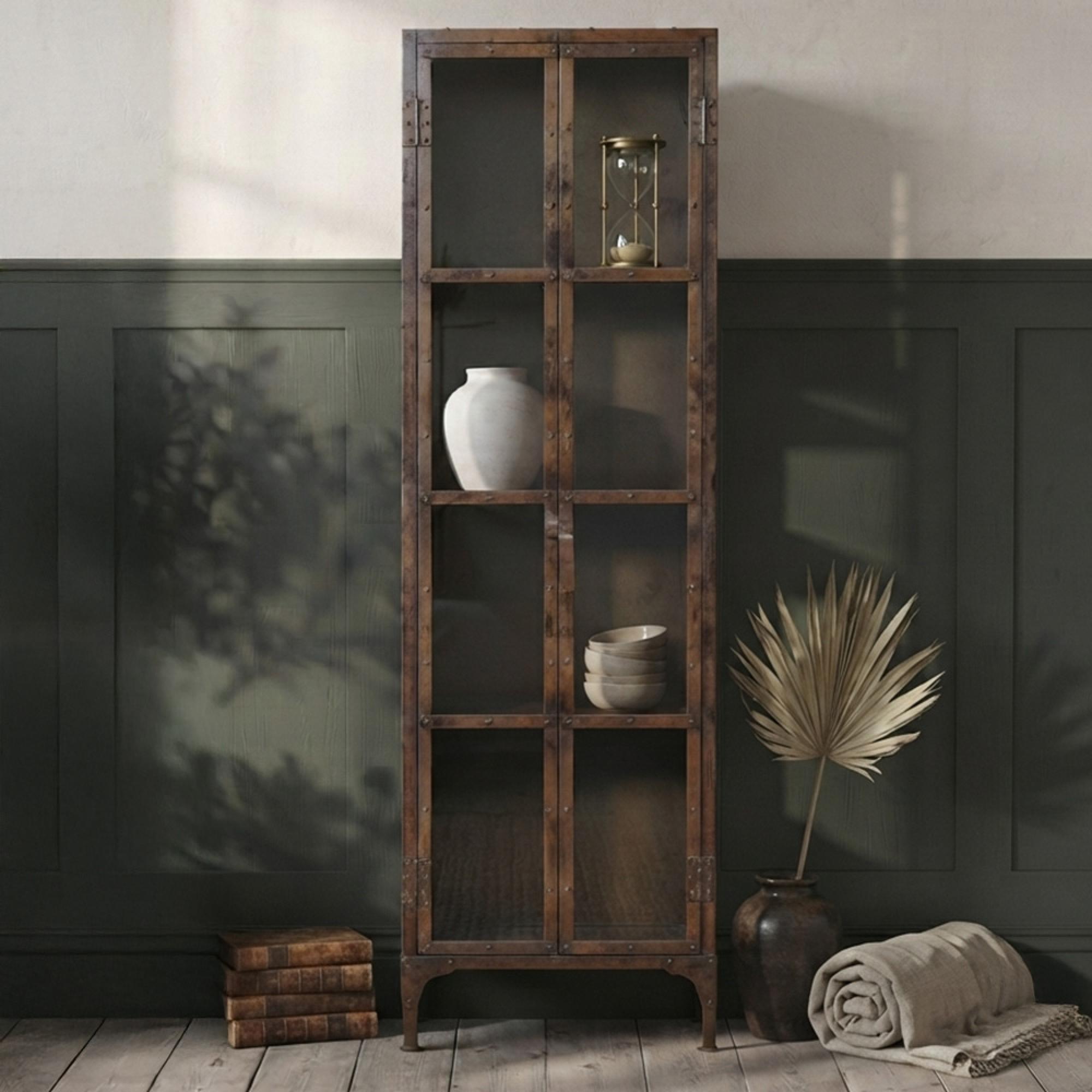 Glorenza Display Cabinet - 2 Door - Vintage Brown - Glass and Metal