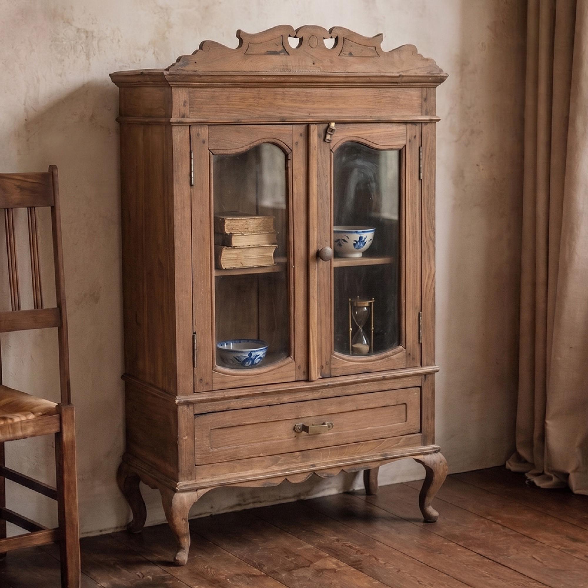 Carved Display Cabinet - 2 Door - 1 Drawer - Antique Brown - Glass and Wood