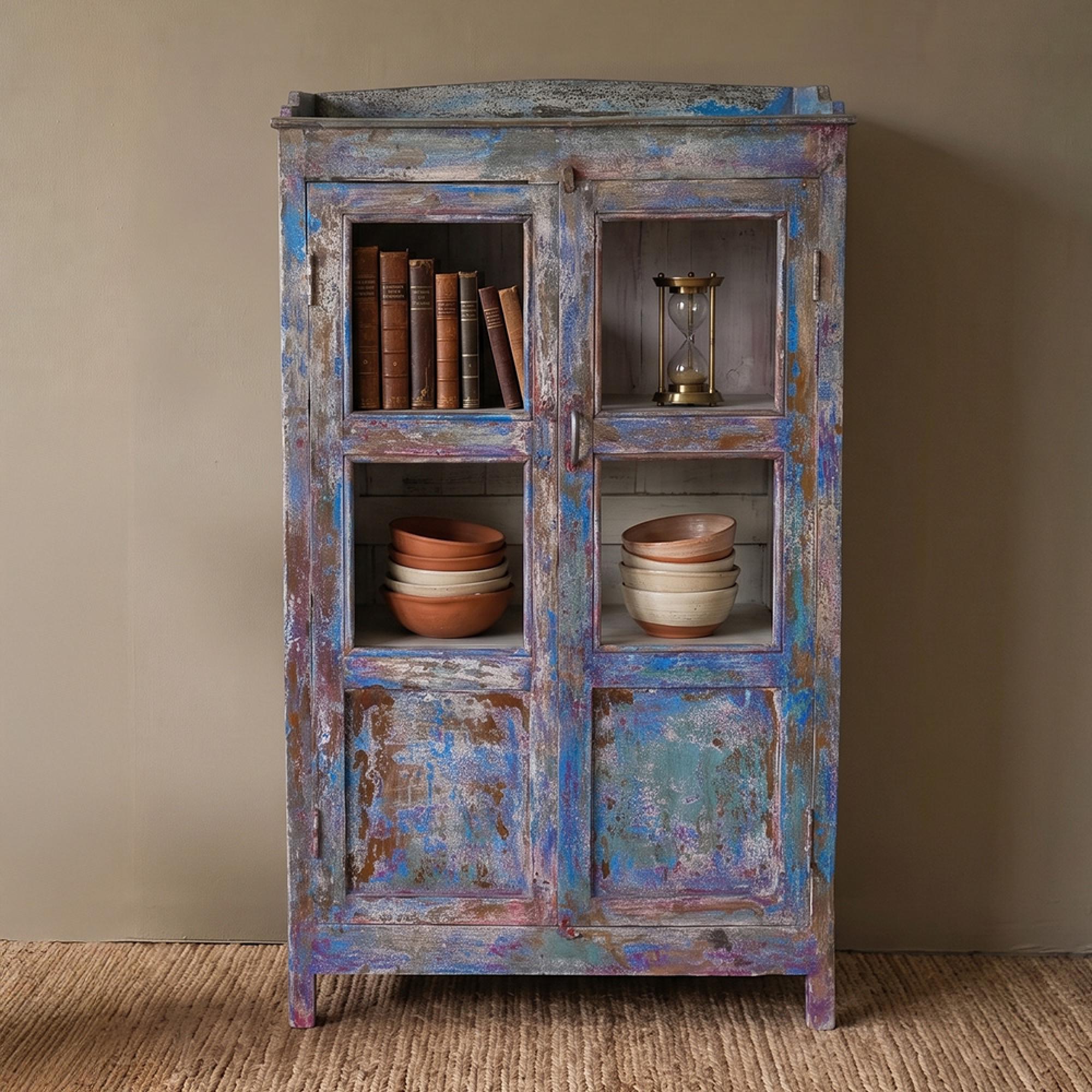 Distressed Display Cabinet - 2 Door - Multicolour - Glass and Wood