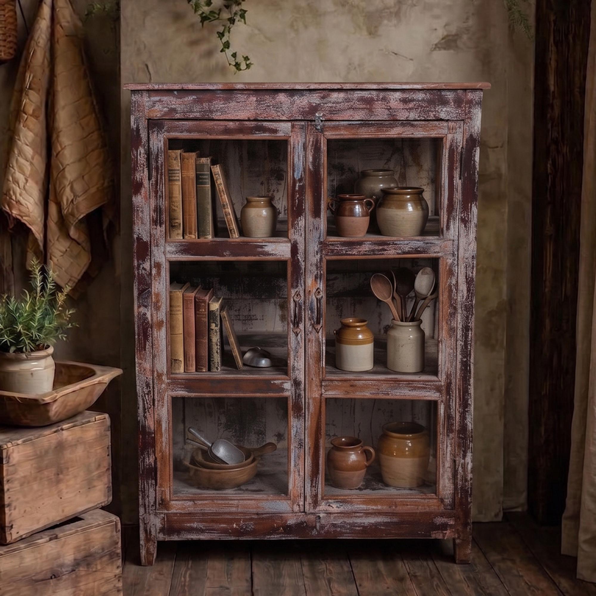 Distressed Display Cabinet - 2 Door - Vintage Brown - Glass and Acacia Wood