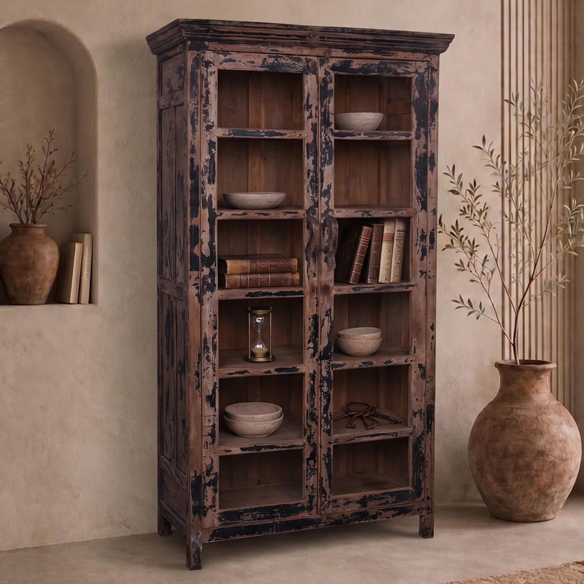 Distressed Display Cabinet - 2 Door - Vintage Brown - Glass and Wood