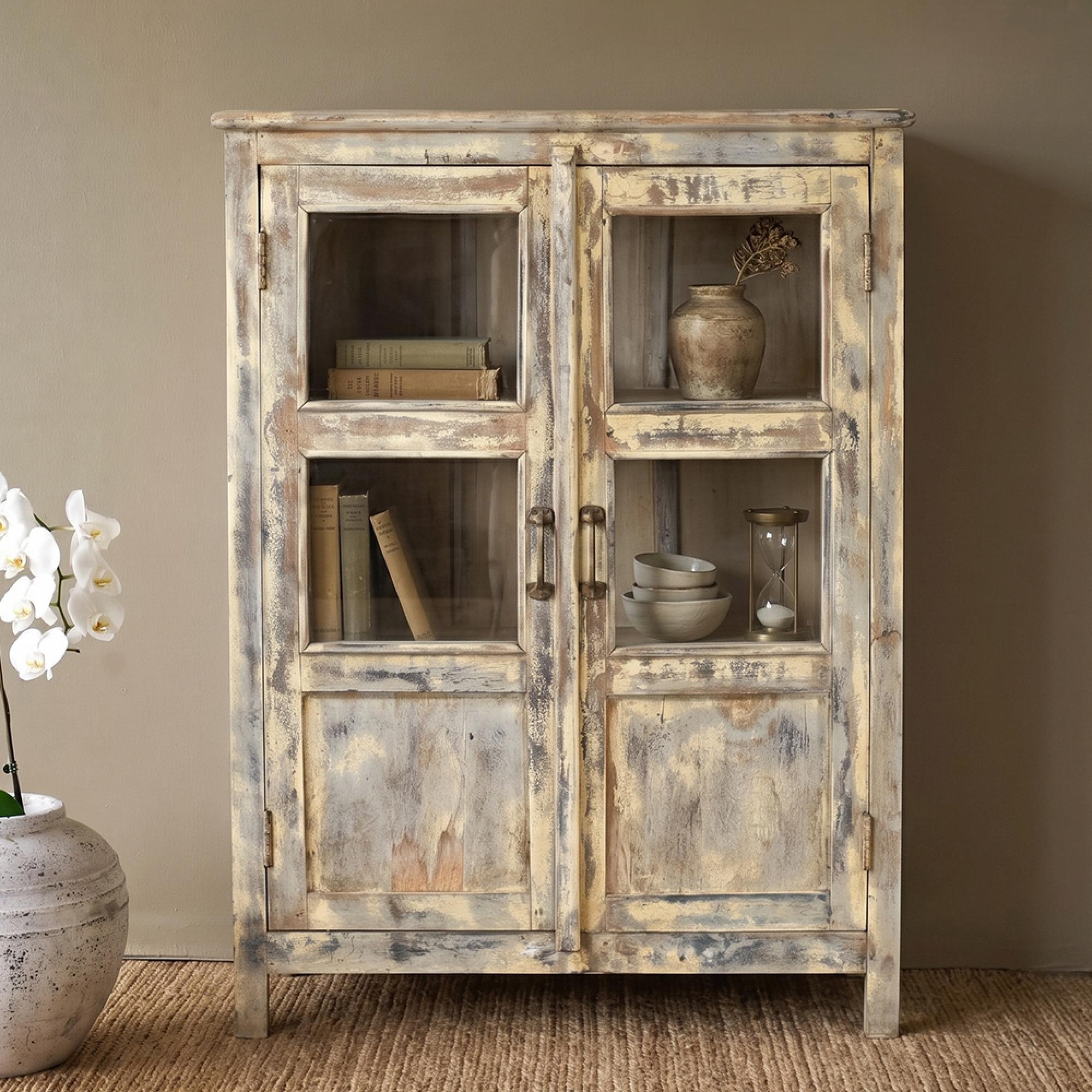 Distressed Display Cabinet - 2 Door - White Washed - Glass and Wood