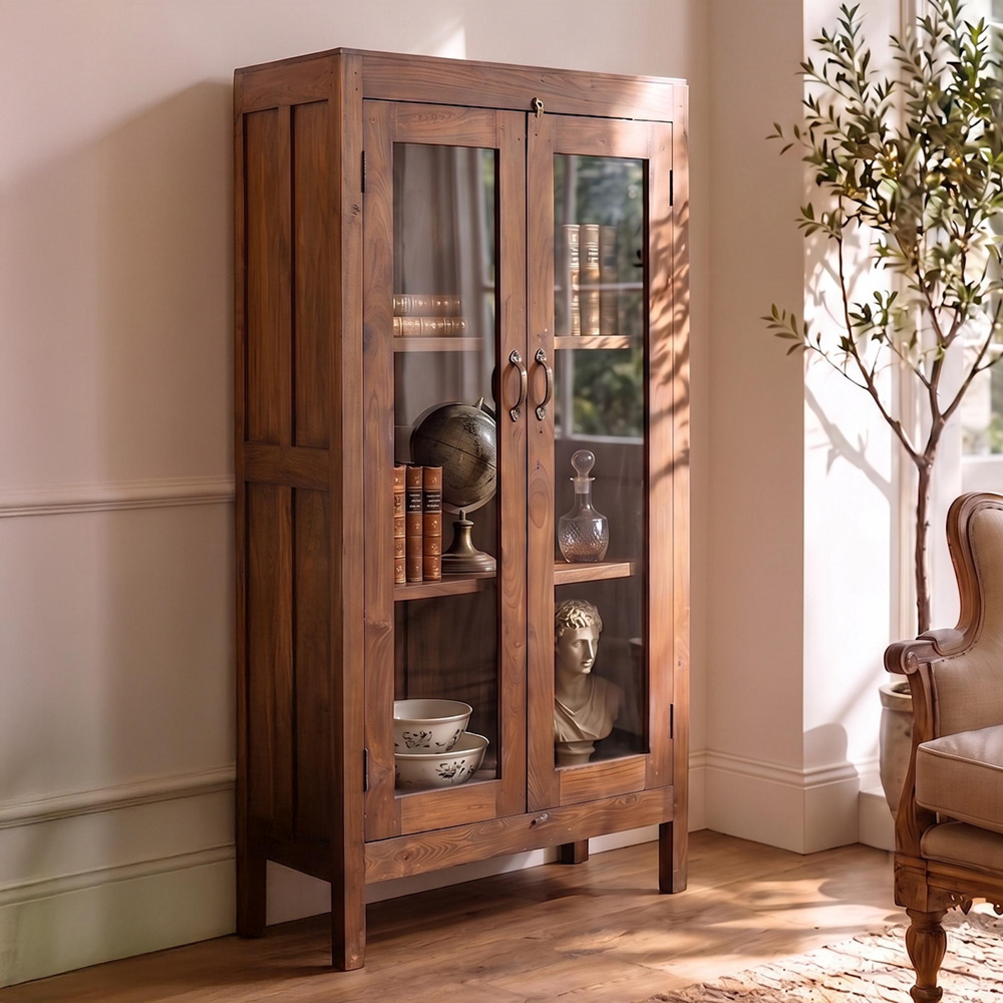 Handcrafted Display Cabinet - 2 Door - Antique Brown - Glass and Wood