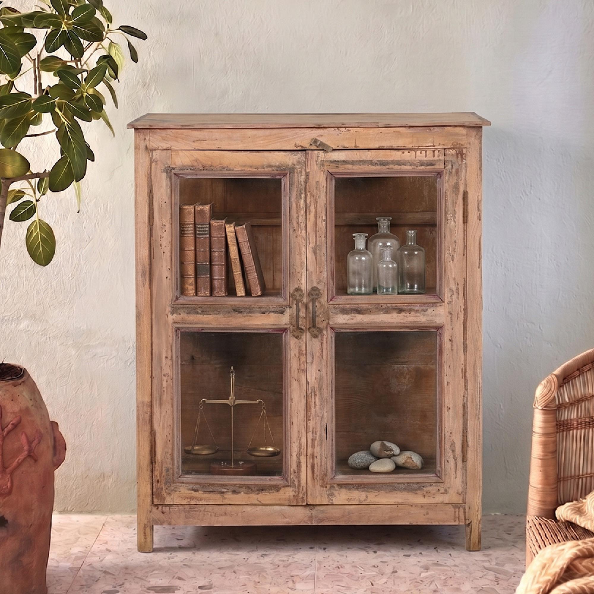 Unique One of a Kind - Distressed Display Cabinet - 2 Door - Rustic Natural - Glass and Wood