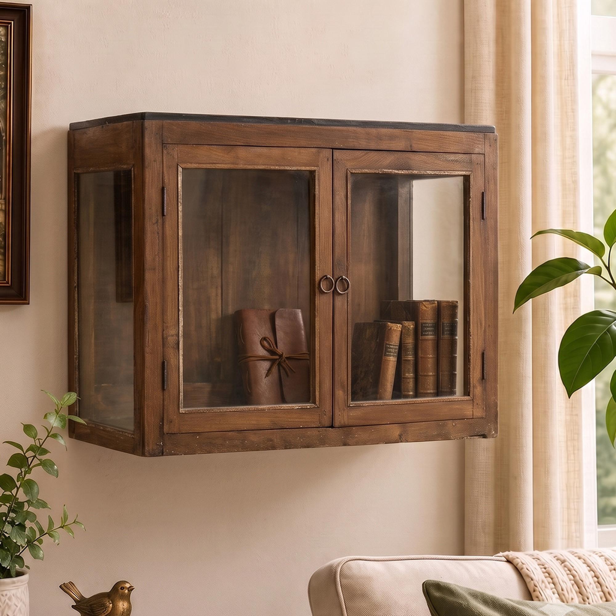 Unique One of a Kind - Wall Display Cabinet - 2 Door - Rustic Brown - Glass and Wood