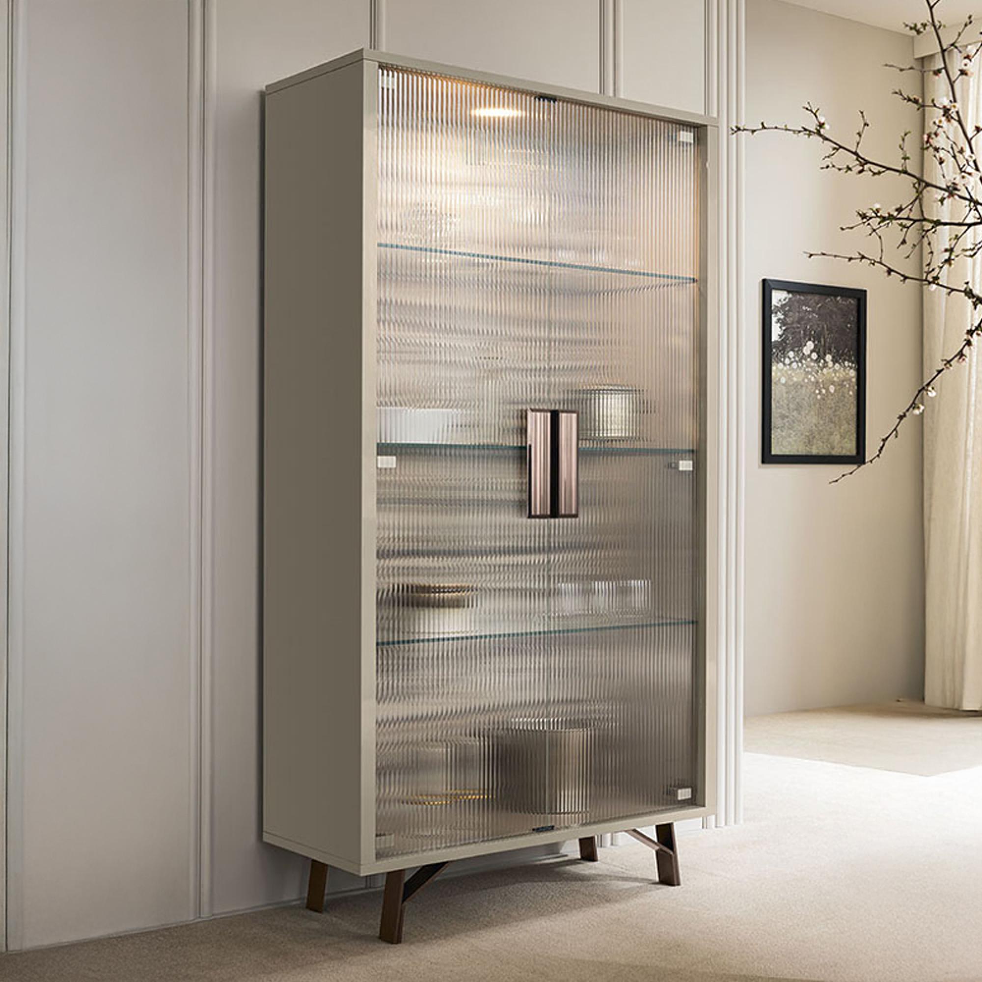 Jupiter Display Cabinet - 2 Fluted Glass Door - High Gloss Pearl Line