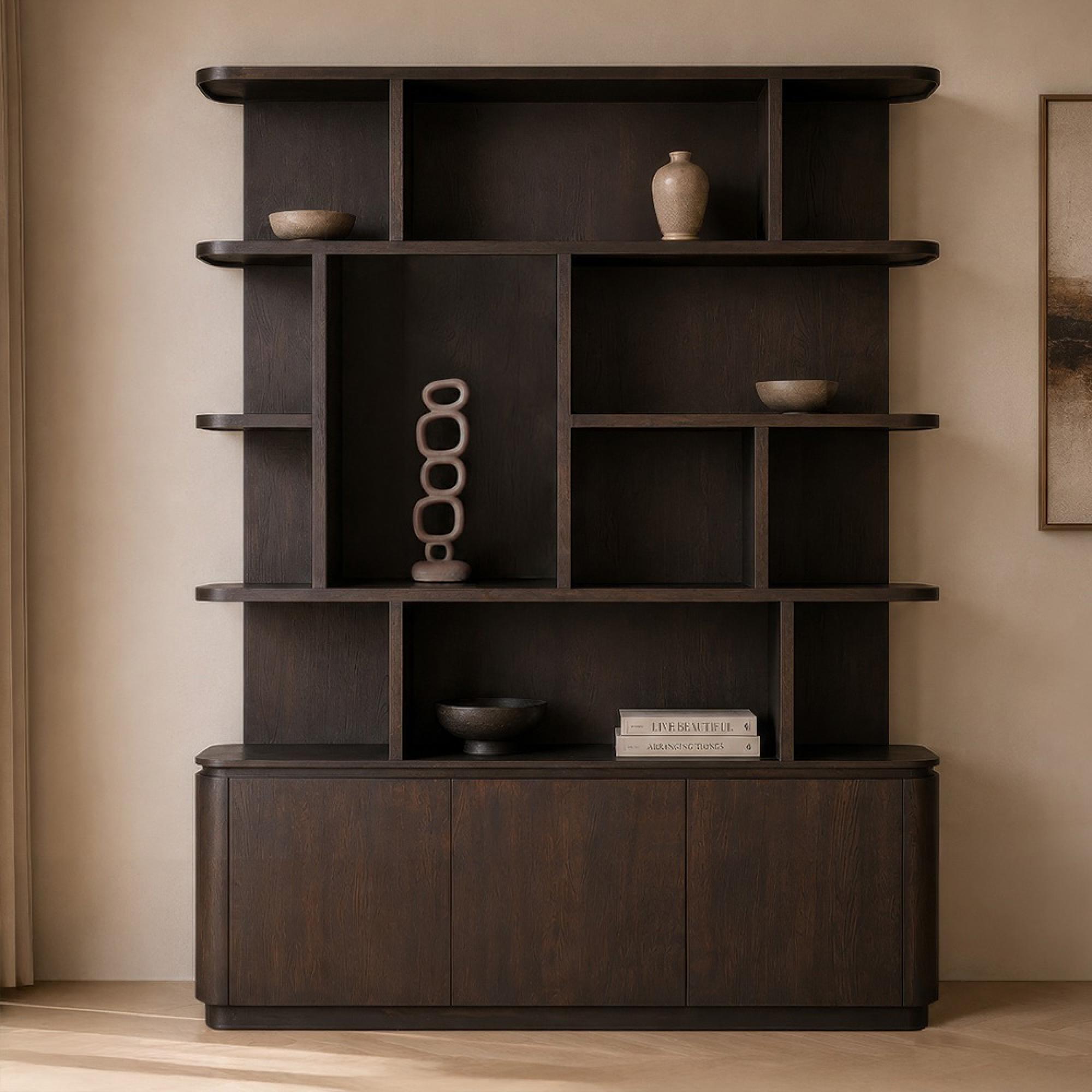 Rivano Oak Curved Display Cabinet - 3 Door - Geometric Design - Basalt