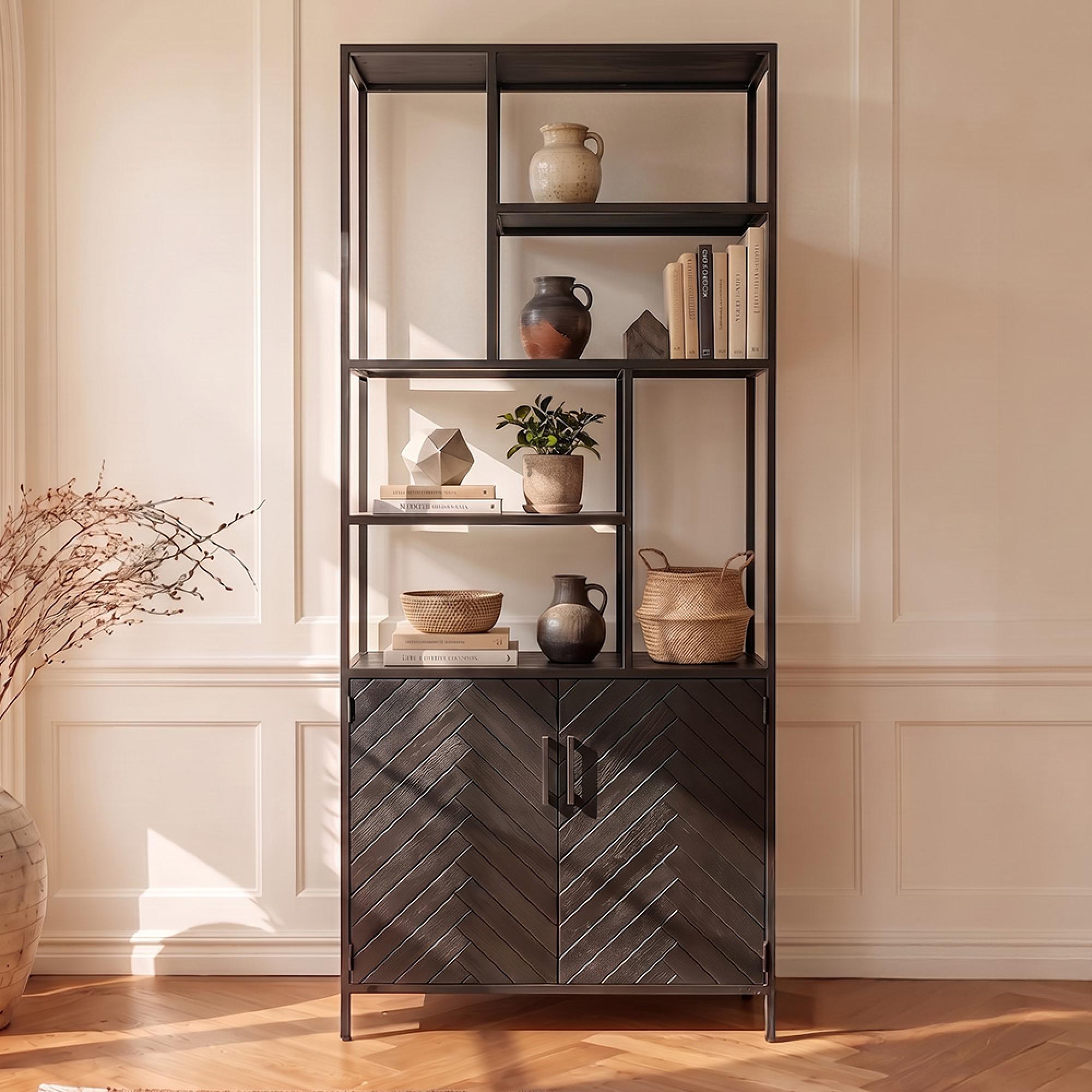 York Herringbone Display Cabinet - 2 Door - Black - Mango Wood