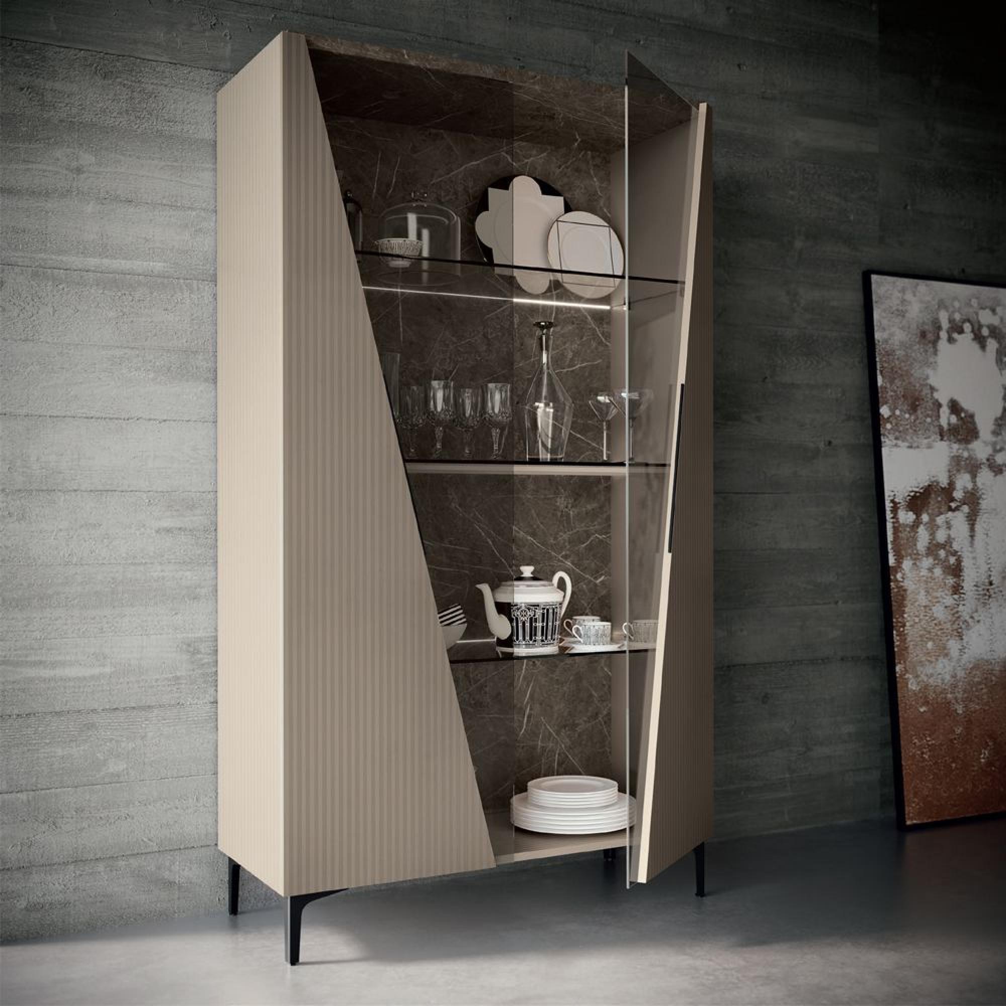 Fidia Italian Fluted Vitrine - 2 Door - Emperador Taupe - Glass and Marquinia Marble Effect