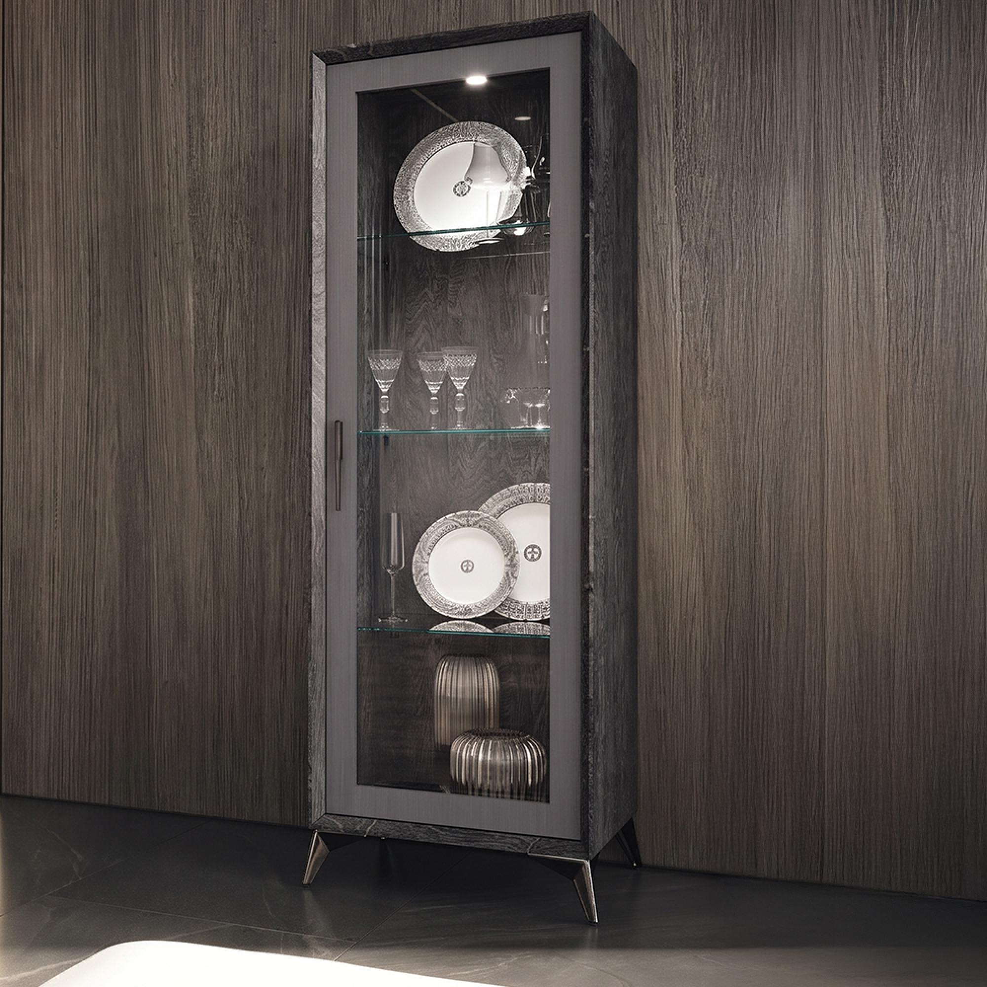 Krystal Italian Display Cabinet - 1 Right Door - Medblue Birch Gloss - Glass and Wooden