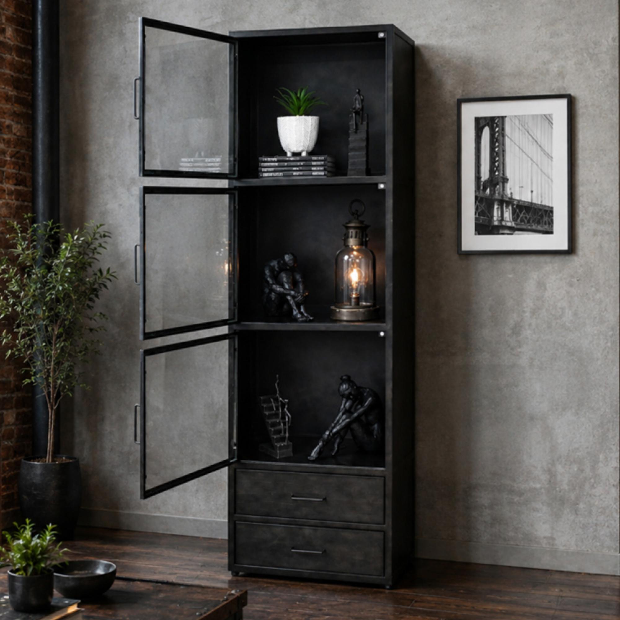 Display Cabinet - Black Metal - 3 Door - Narrow