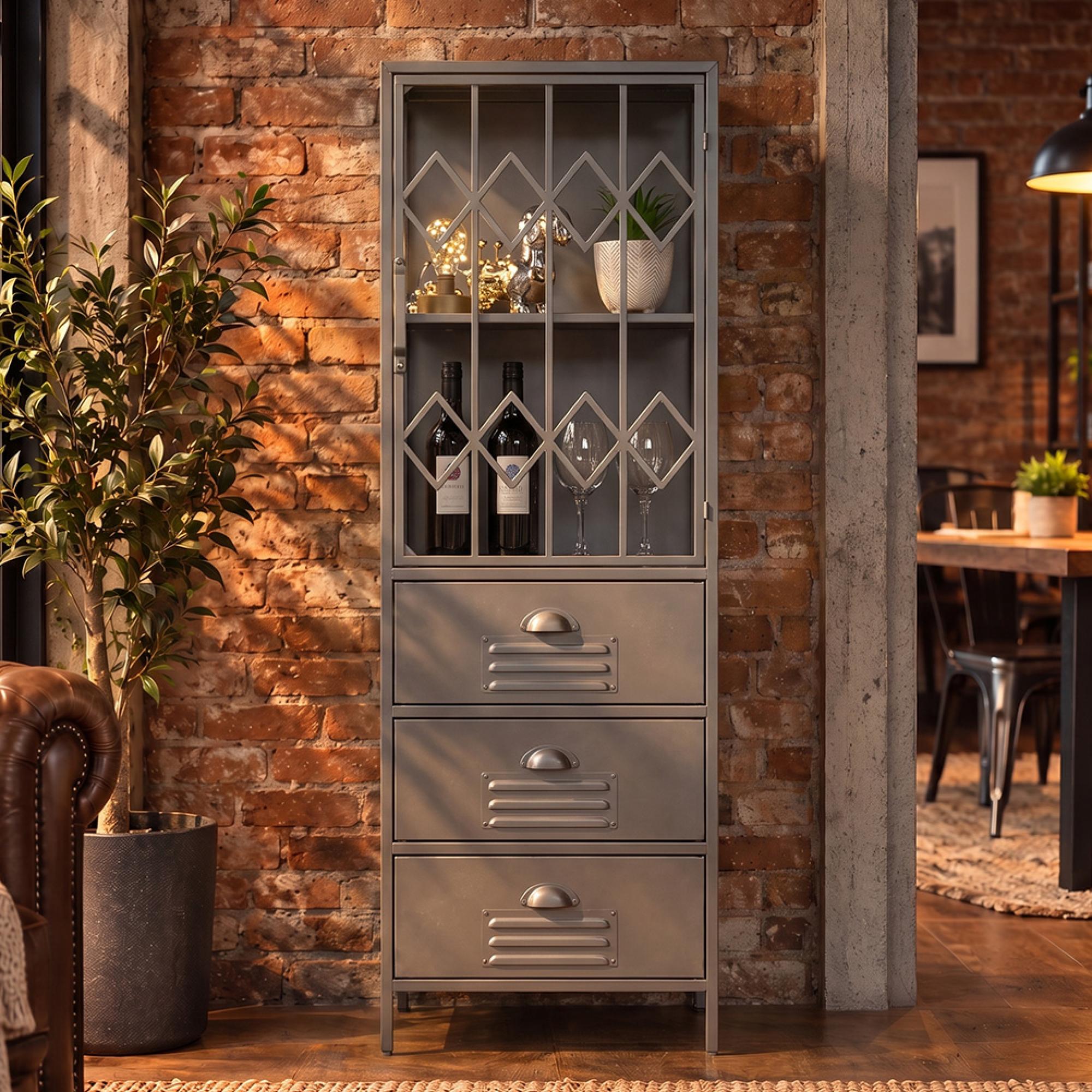 Display Cabinet - Industrial - Grey Metal - 1 Door - 3 Drawer