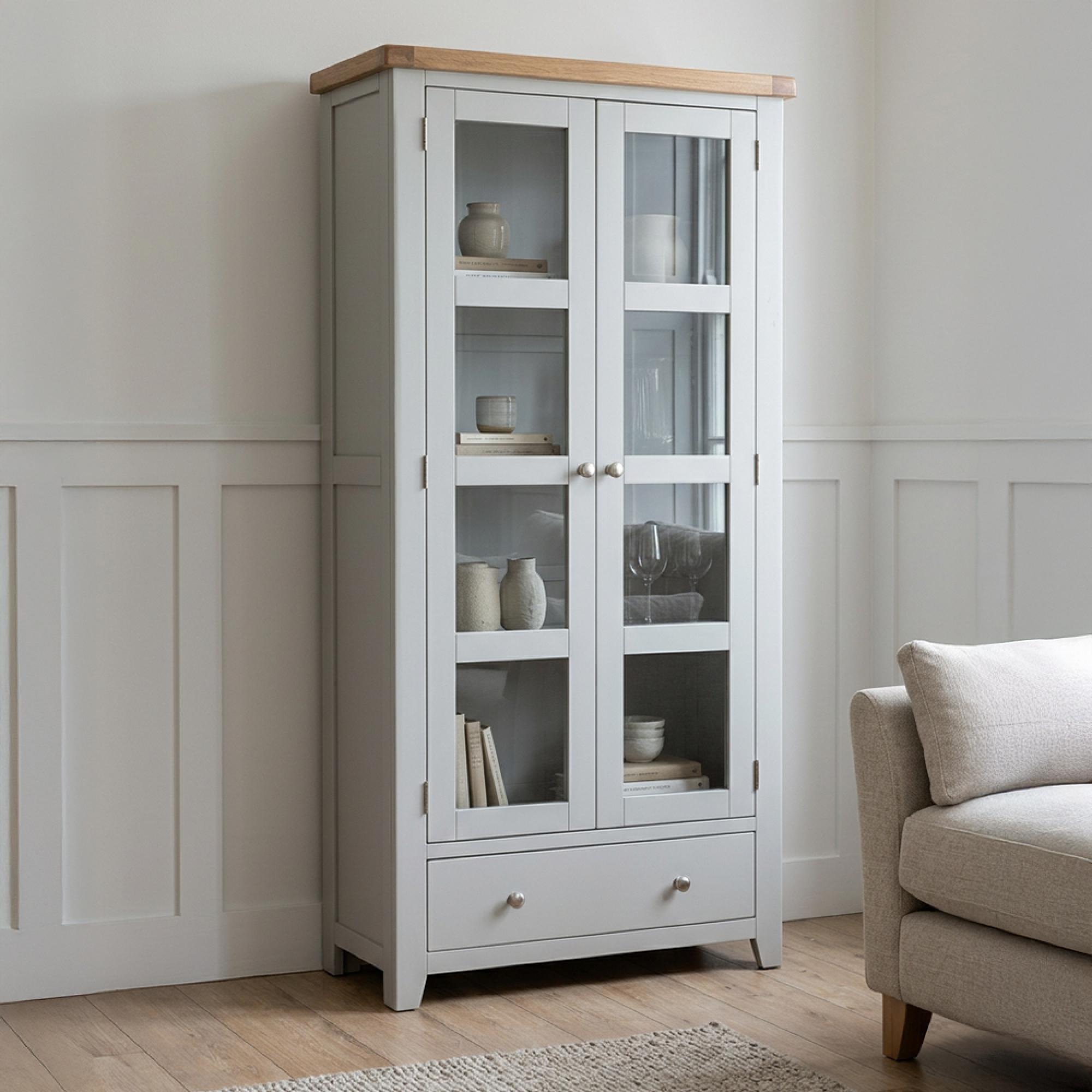 Melbourne French Grey Painted 2 Door 1 Drawer Display Cabinet