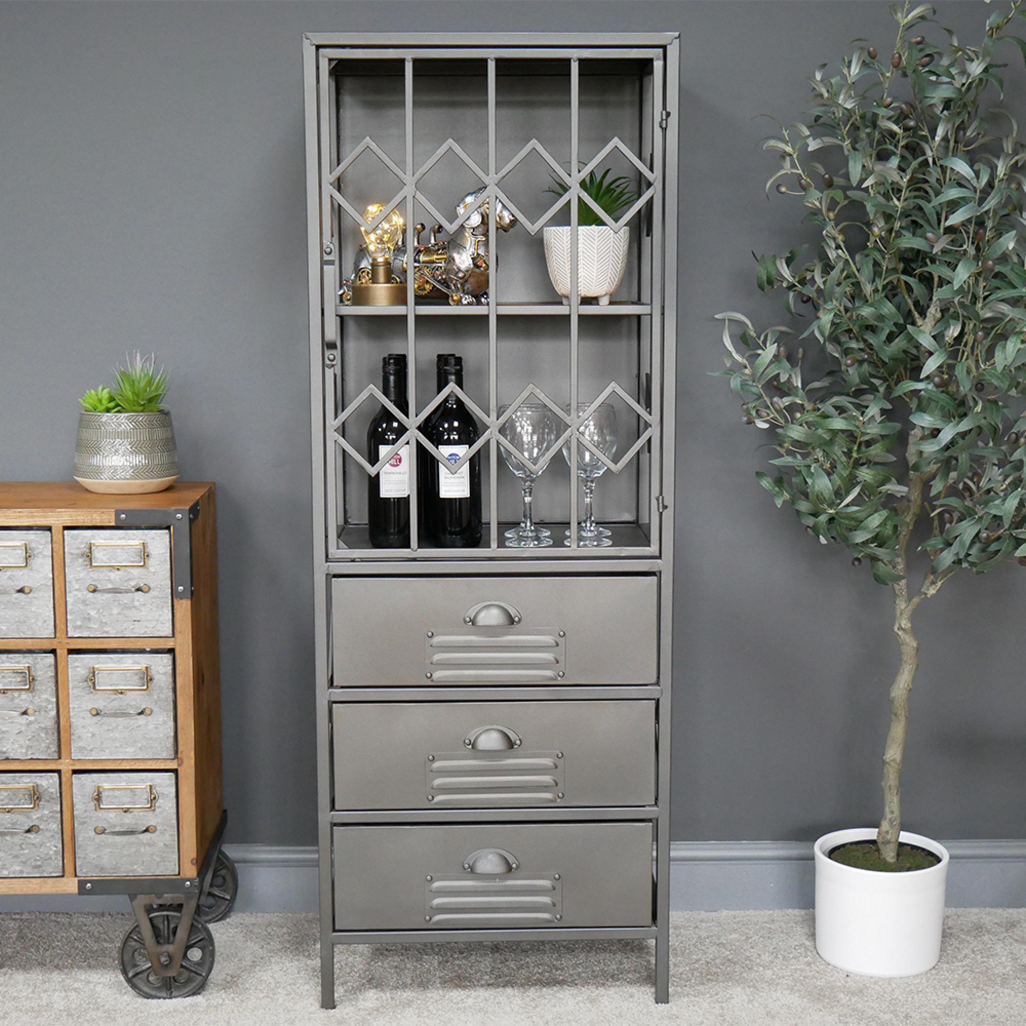 Display Cabinet - Industrial - Grey Metal - 1 Door - 3 Drawer