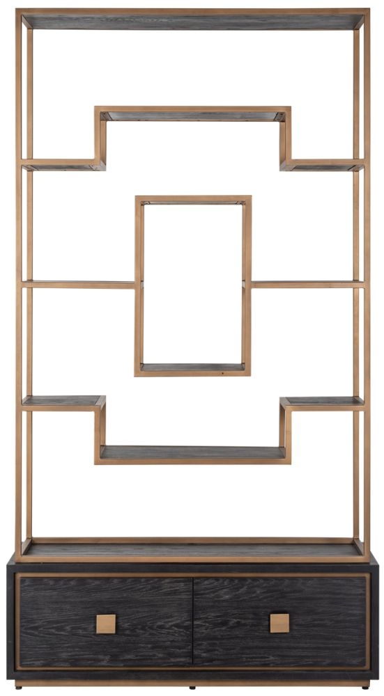 Hunter Black Oak Storage Shelving Unit with Gold Trim
