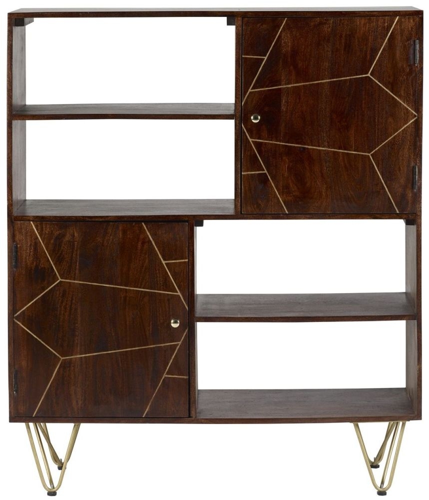 Kaza Display Cabinet - Hairpin Legs - Gold Geometric Inlay - Dark Mango Wood