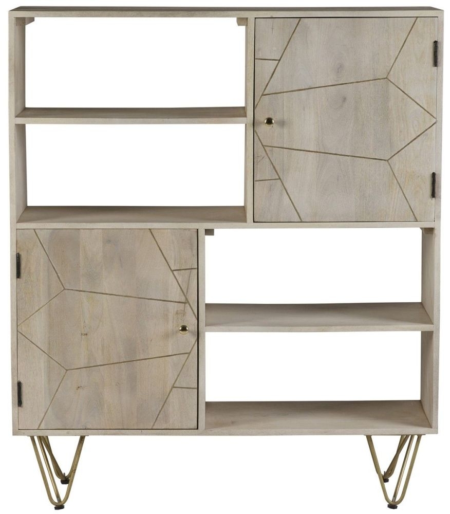 Kaza Display Cabinet - Hairpin Legs - Gold Geometric Inlay - Light Mango Wood