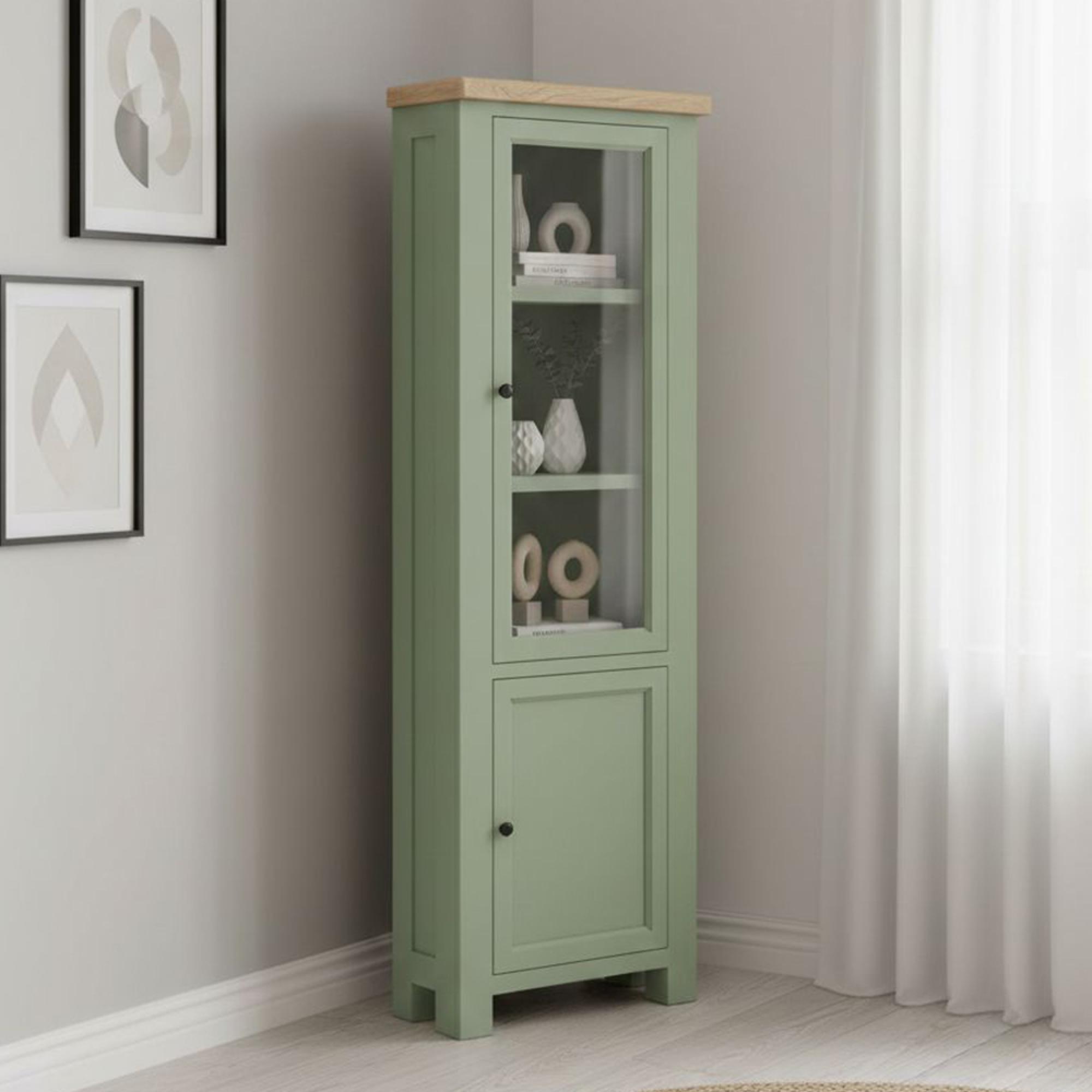 Salcombe Corner Narrow Display Cabinet - Sage Oak