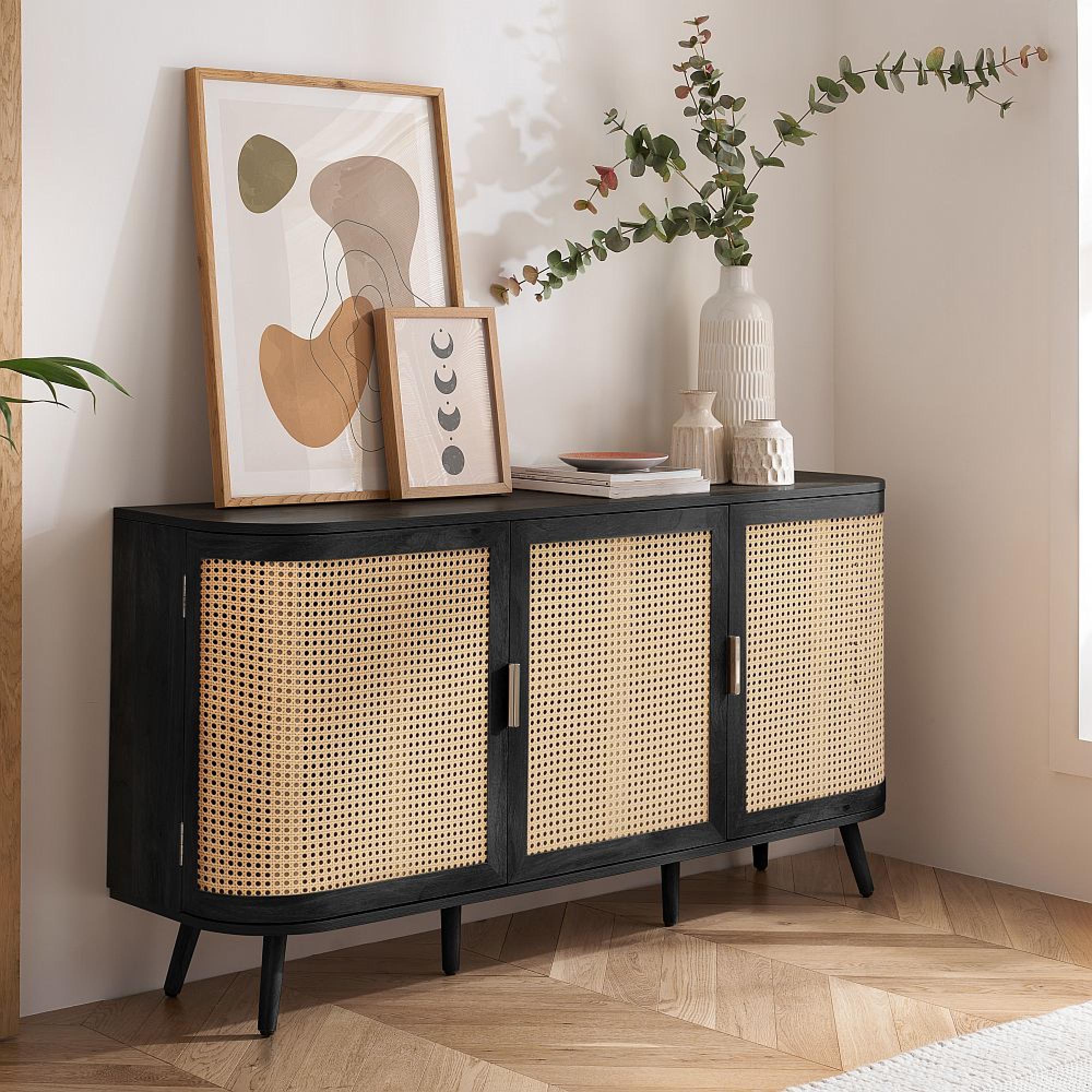 Noah Medium Sideboard - 150cm - 3 Door - Black and Rattan