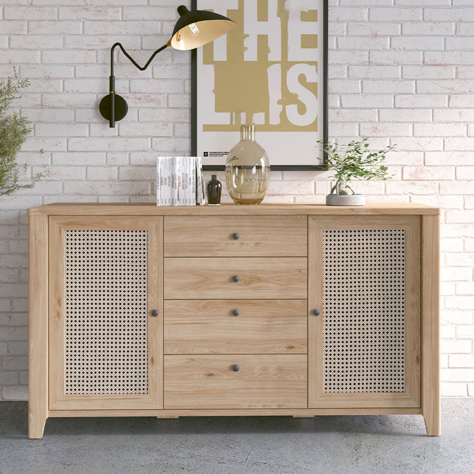 Cestino Sideboard - 2 Door - 4 Drawer - Large - Oak and Rattan
