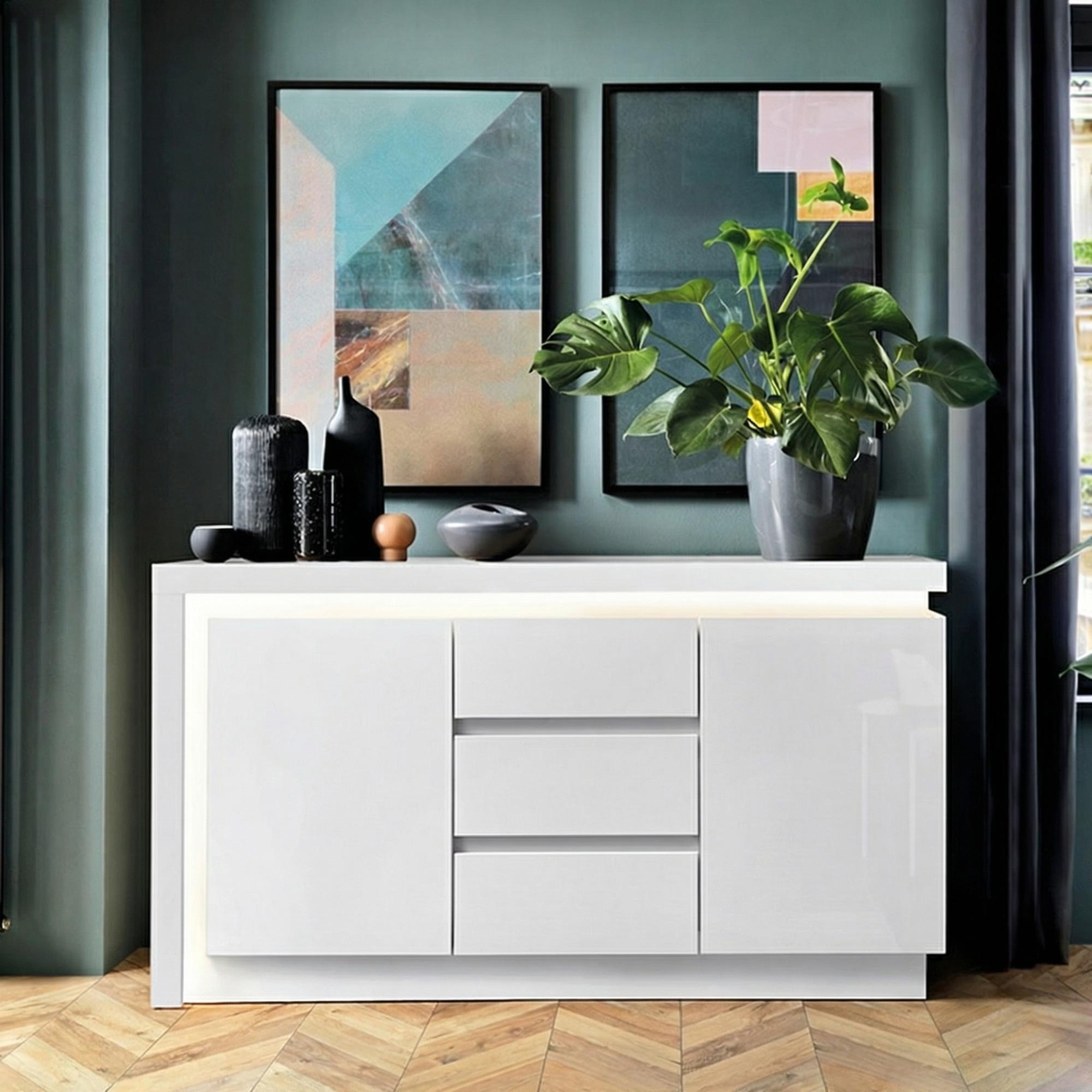 Lyon Sideboard - 2 Door - 3 Drawer - Medium - White High Gloss