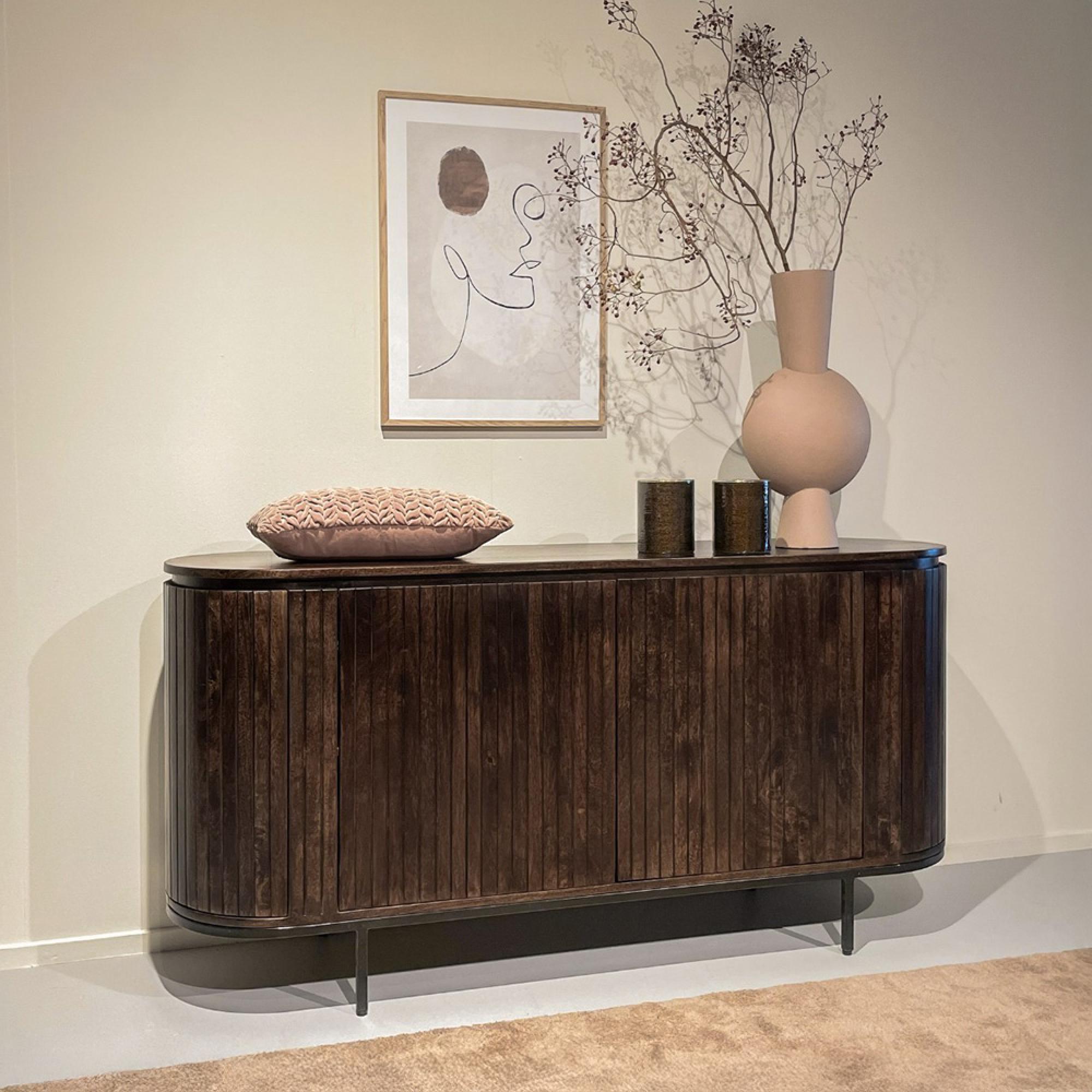 Noor Curved Fluted Sideboard - 4 Door - Large - Walnut - Mango Wood