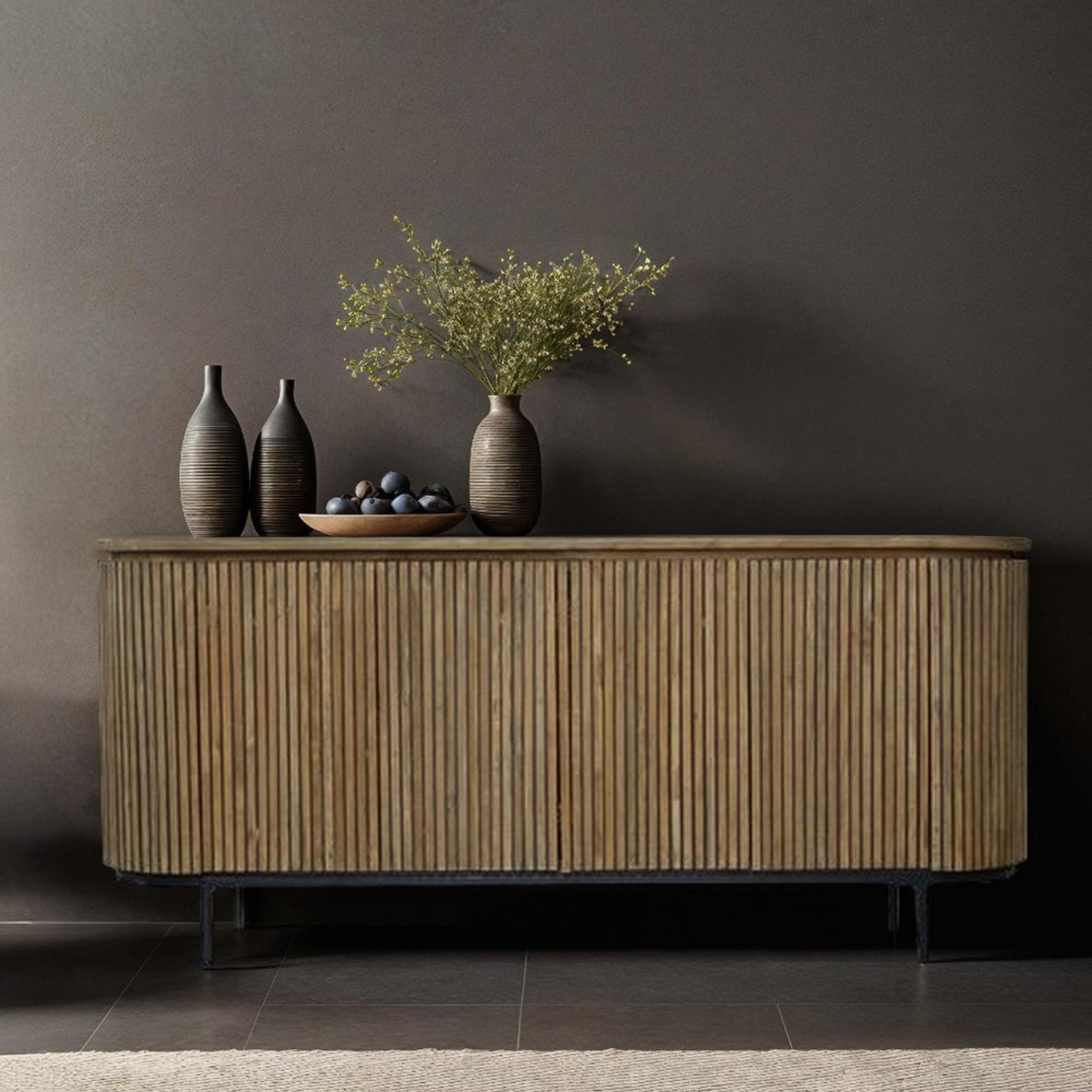 Lausanne Curved Fluted Sideboard - 4 Door - Large - Natural - Teak Wood