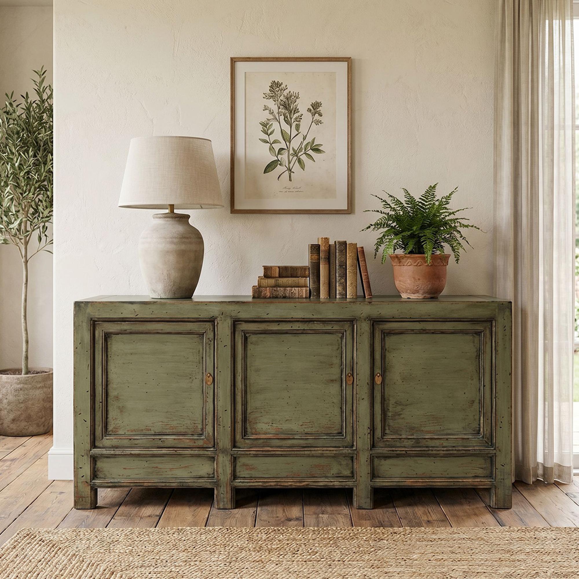 Icons M-18 Distressed Sideboard - 3 Door - Large - Green - Elm Wood
