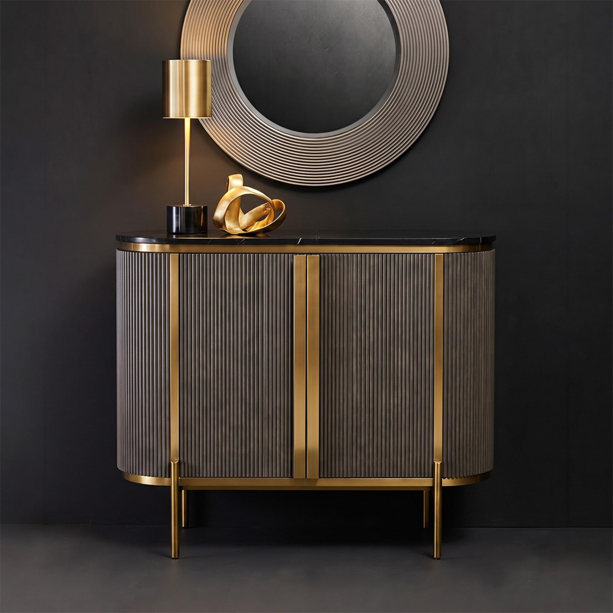 Dervio Sideboard - 2 Door - Small - Grey Fluted - Curved with Black Marble Top - 120cm