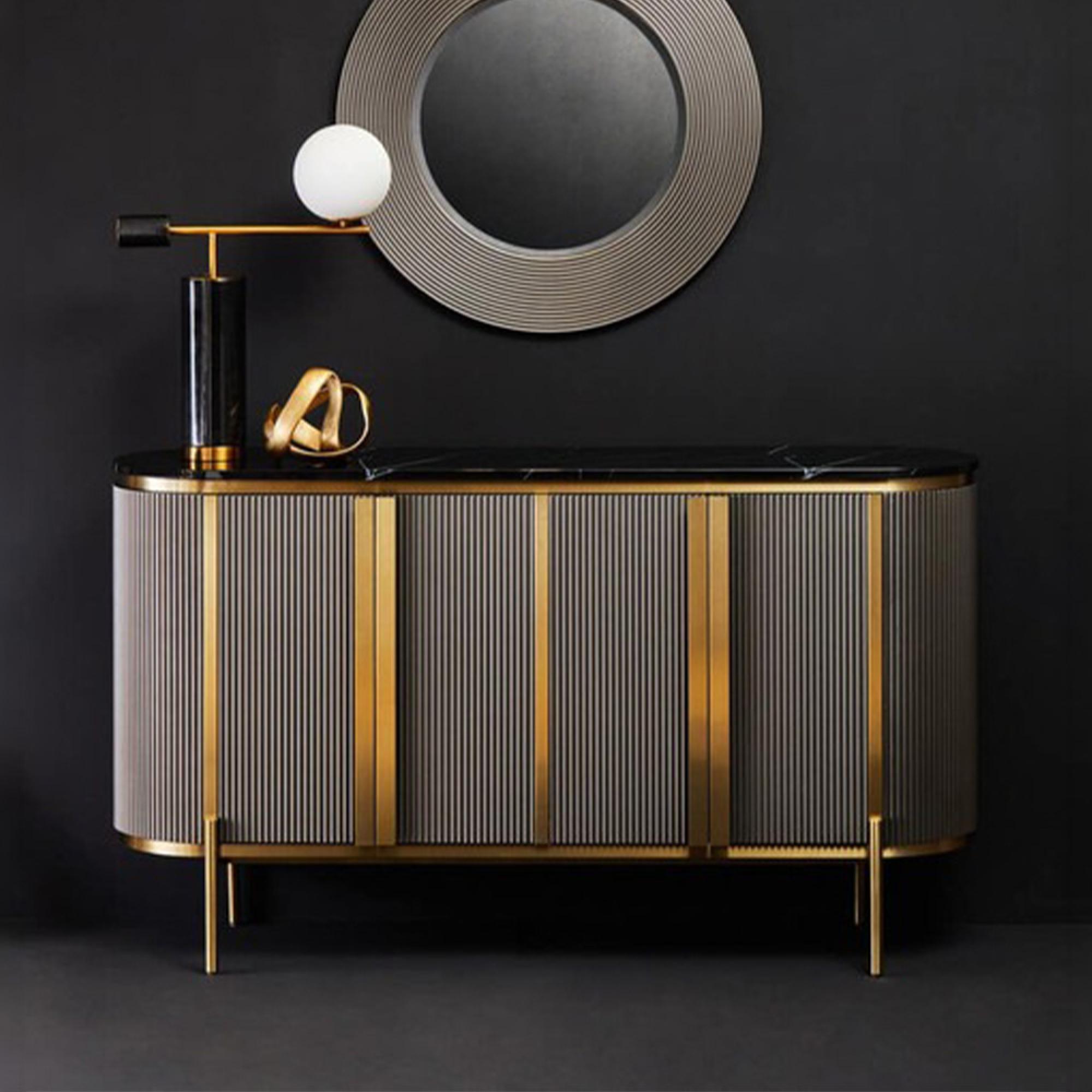 Dervio Sideboard - 4 Door - Large - Grey Fluted - Curved with Black Marble Top - 160cm