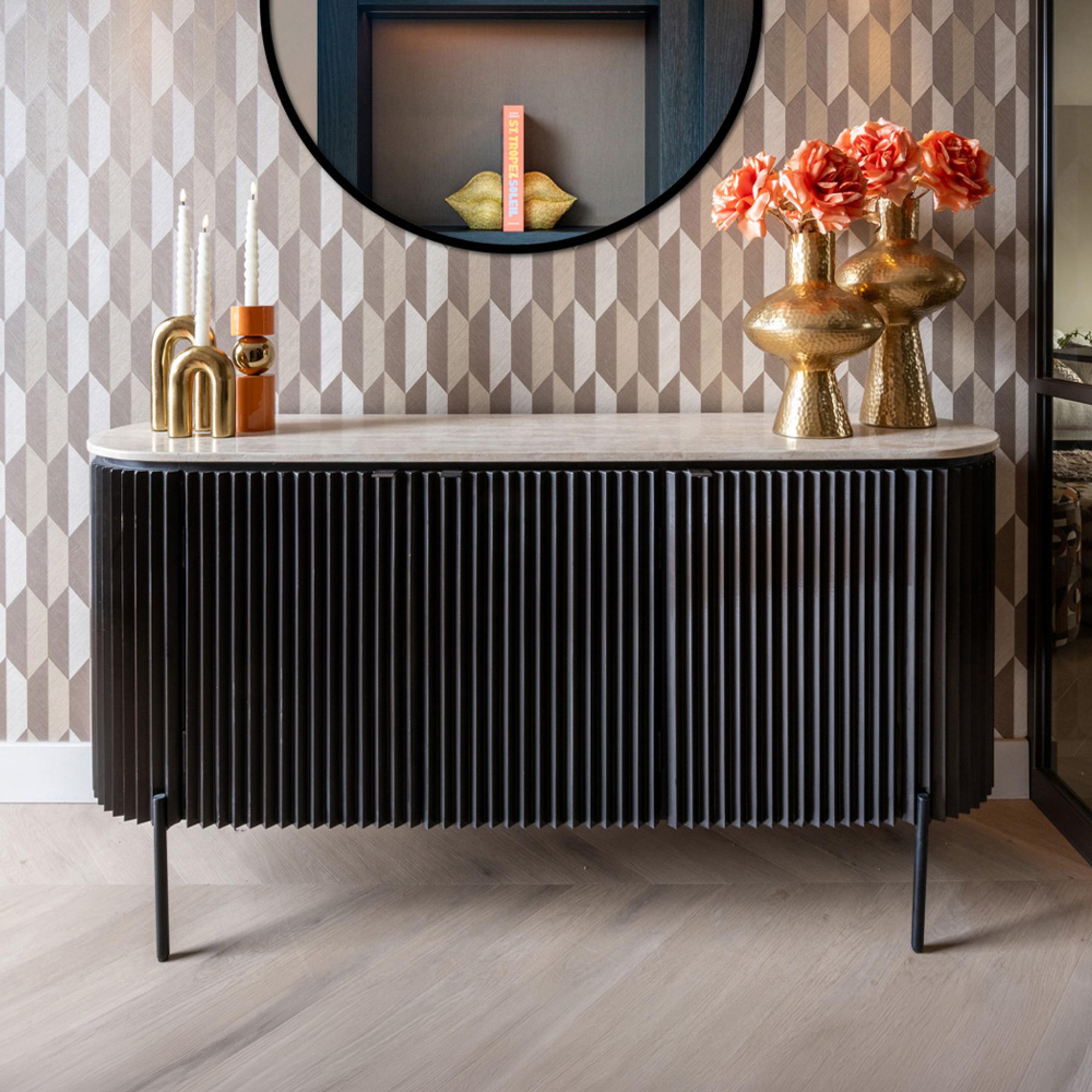 Hampton 3 Door Black Fluted Large Sideboard with Travertine Beige Top