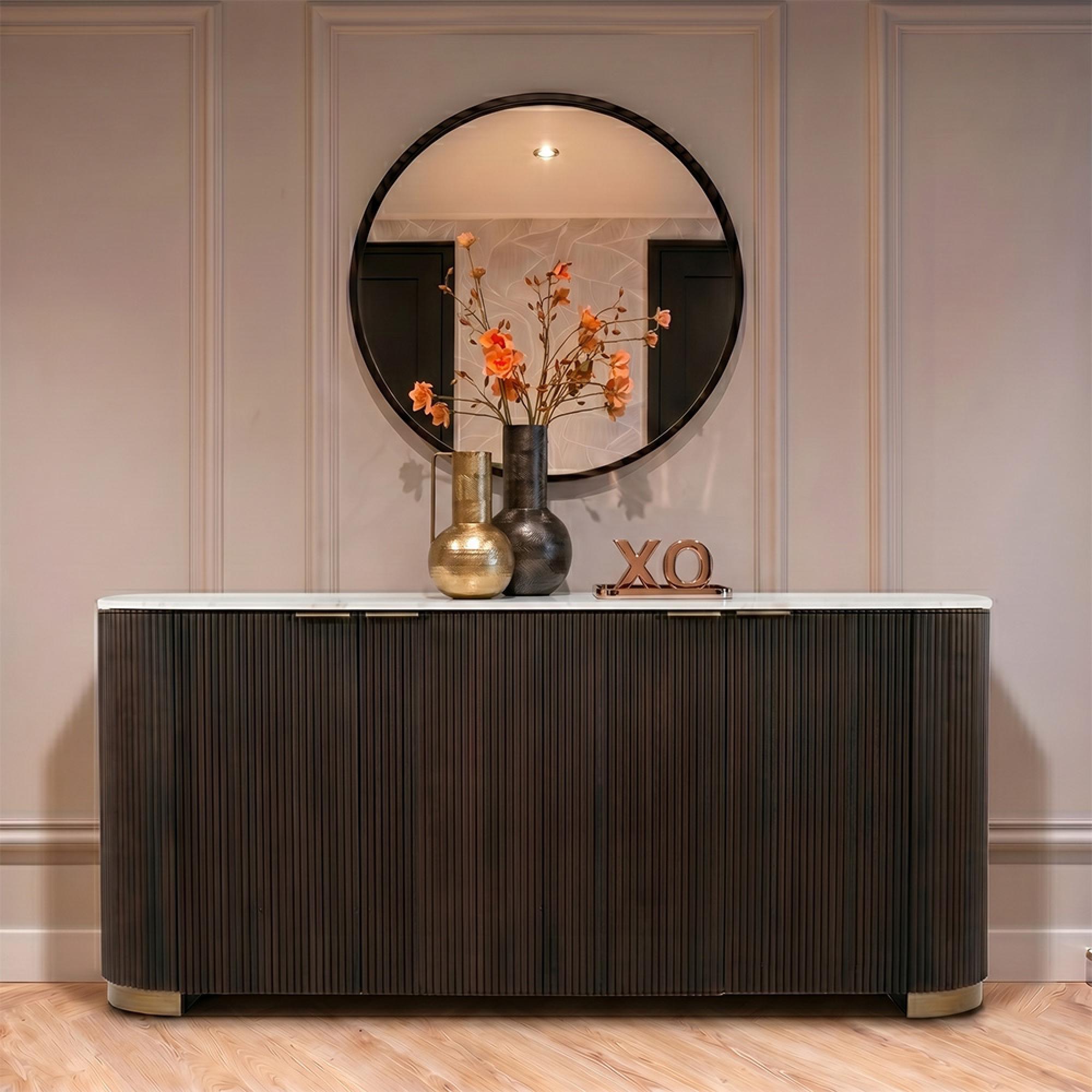 Mayfield White Marble Top Extra Large Sideboard - Dark Wood Fluted Base