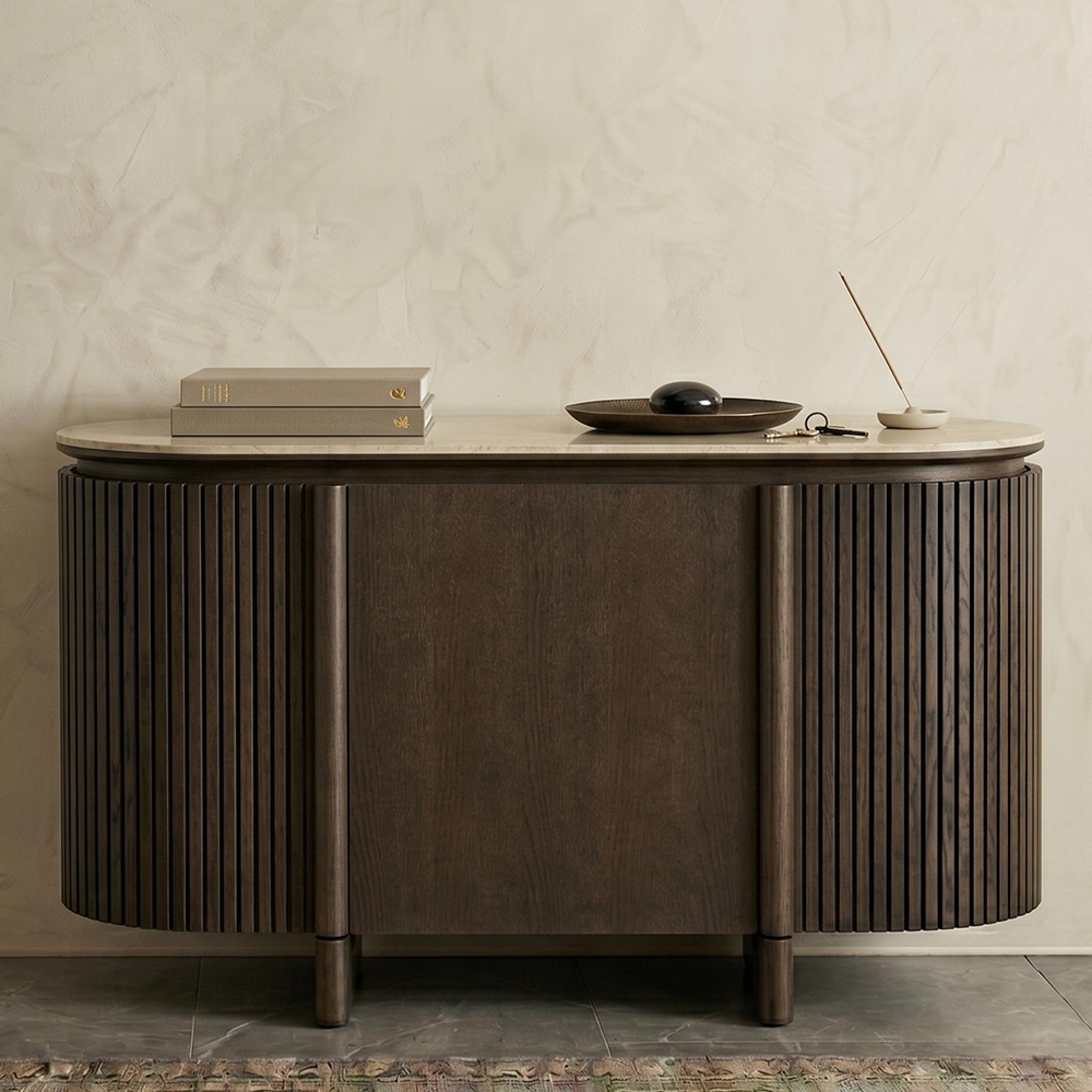 Langford Curved Fluted Sideboard - 3 Door - Medium - Brown - Ceramic and Oak