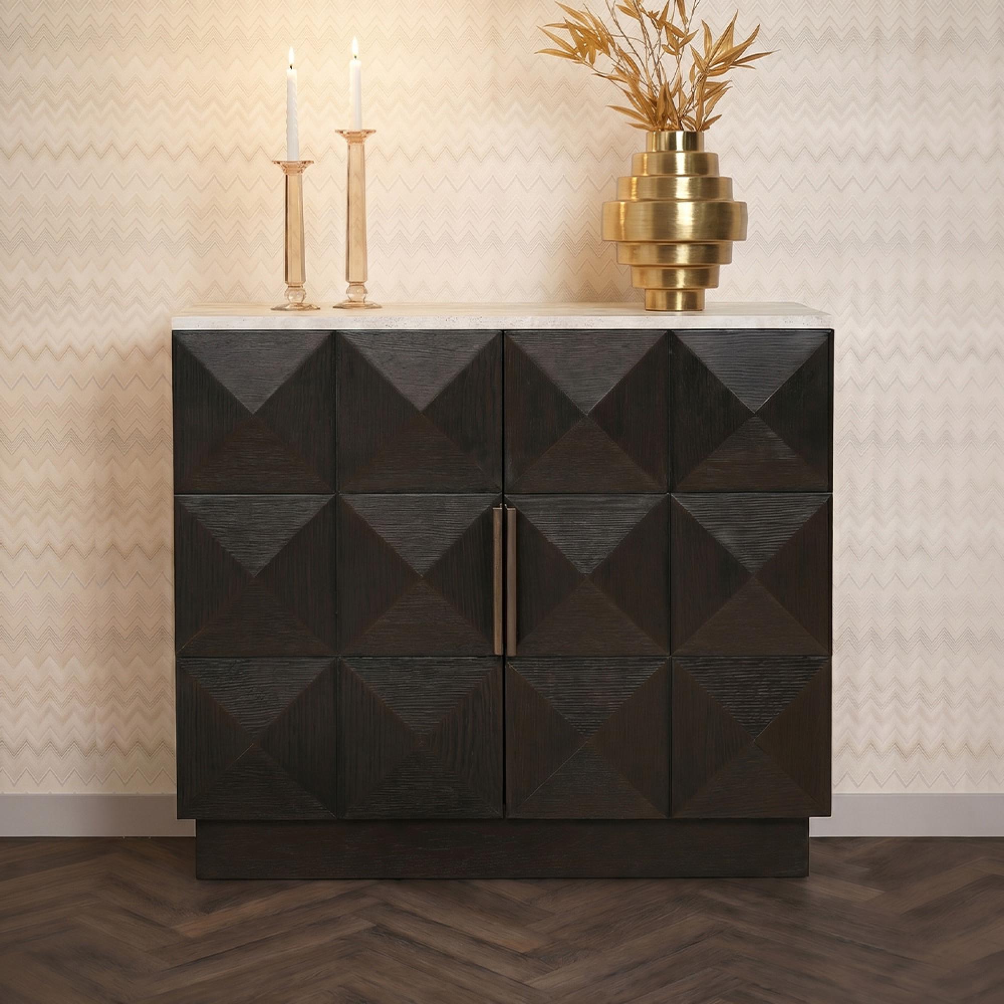 Claremont Dark Wood 2 Door Small Geometric Sideboard with Travertine Top