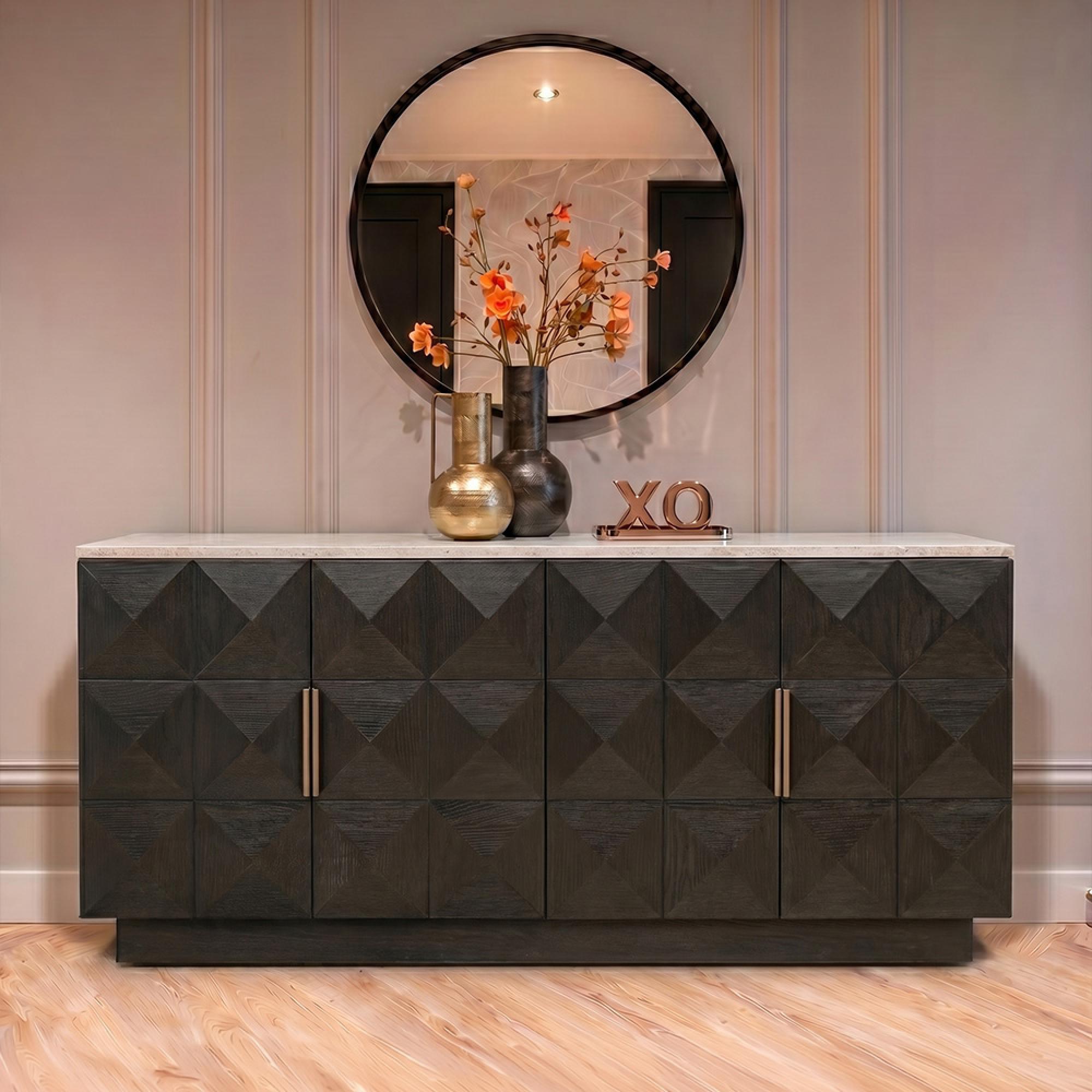 Claremont Dark Wood 4 Door Extra Large Geometric Sideboard with Travertine Top