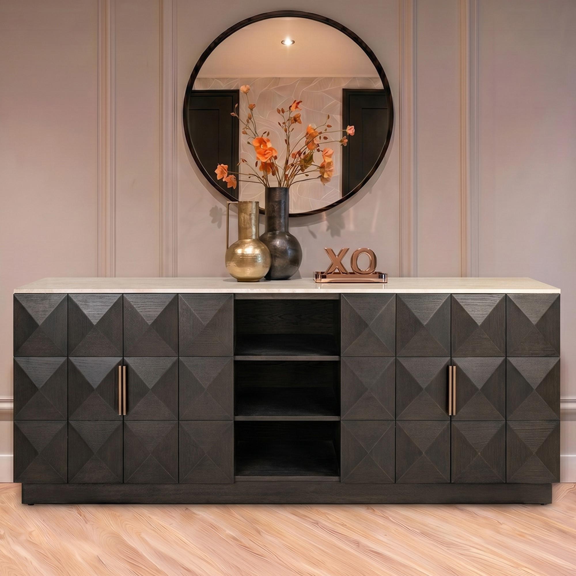 Claremont Sideboard - 4 Door - Extra Large - Geometric - Brown - Travertine Top