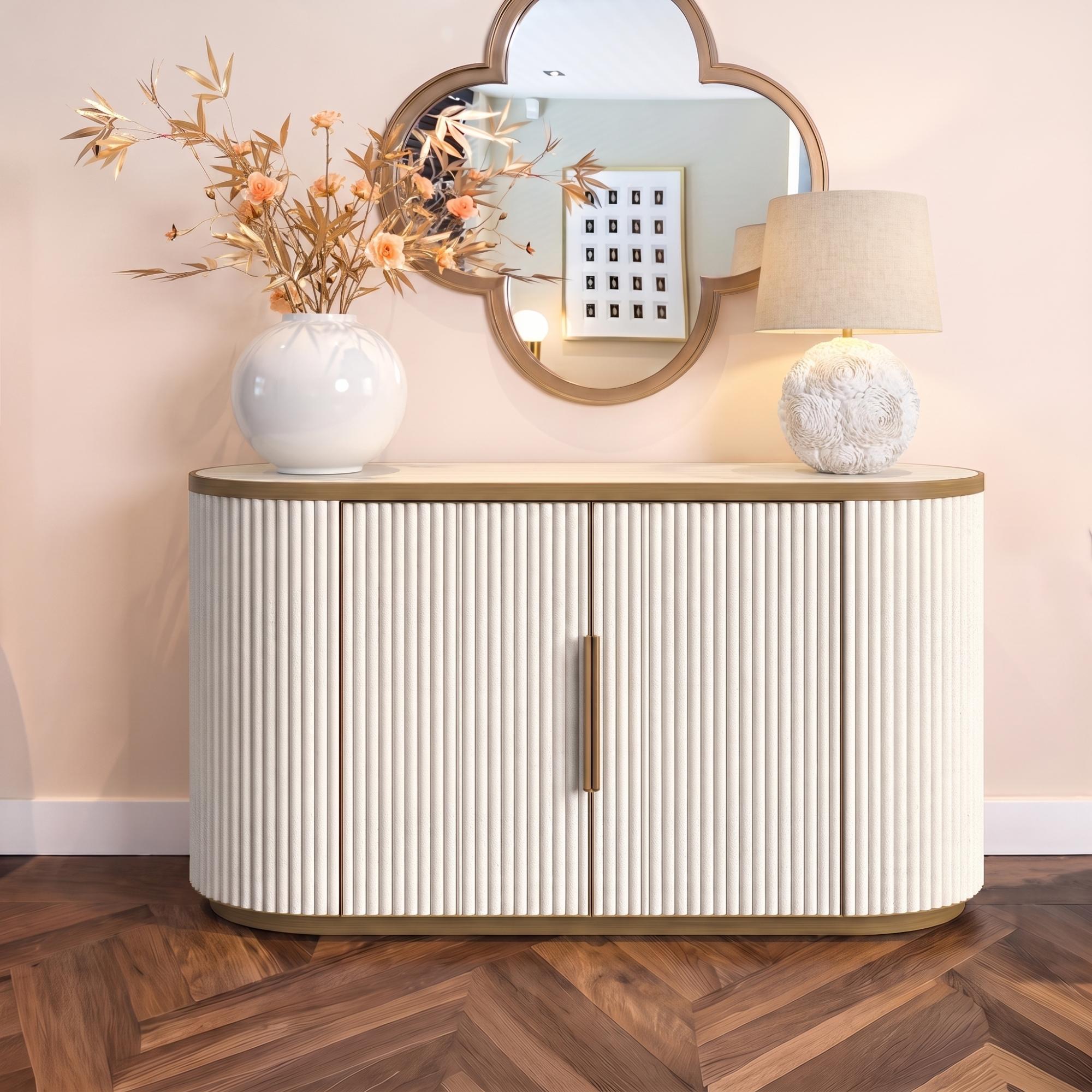 Tivoli Curved Fluted Sideboard - 2 Door - with Gold Trim - White - Ceramic