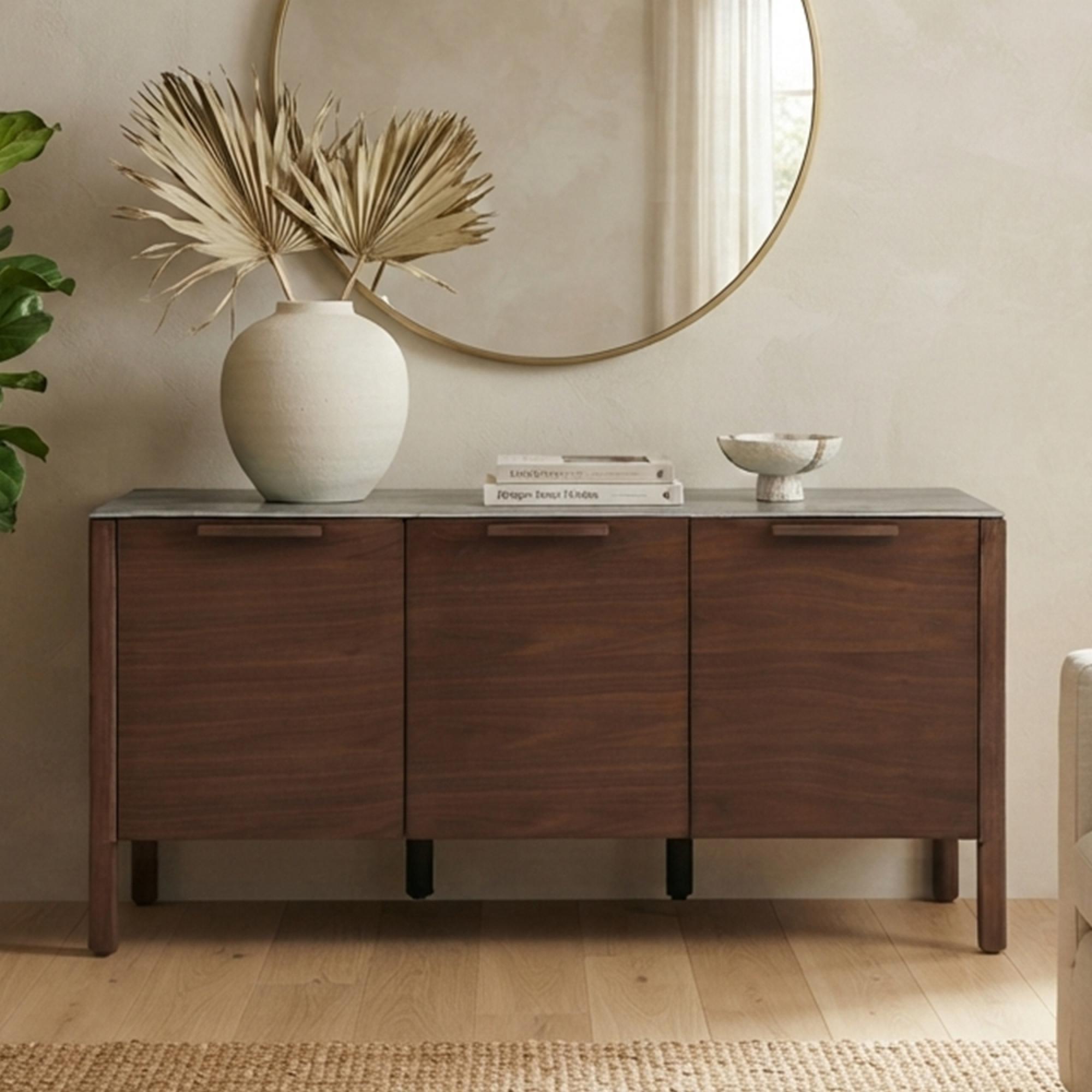 Willow Medium Sideboard - 3 Door - Tobacco Walnut and Beige - Wood and Marble Effect