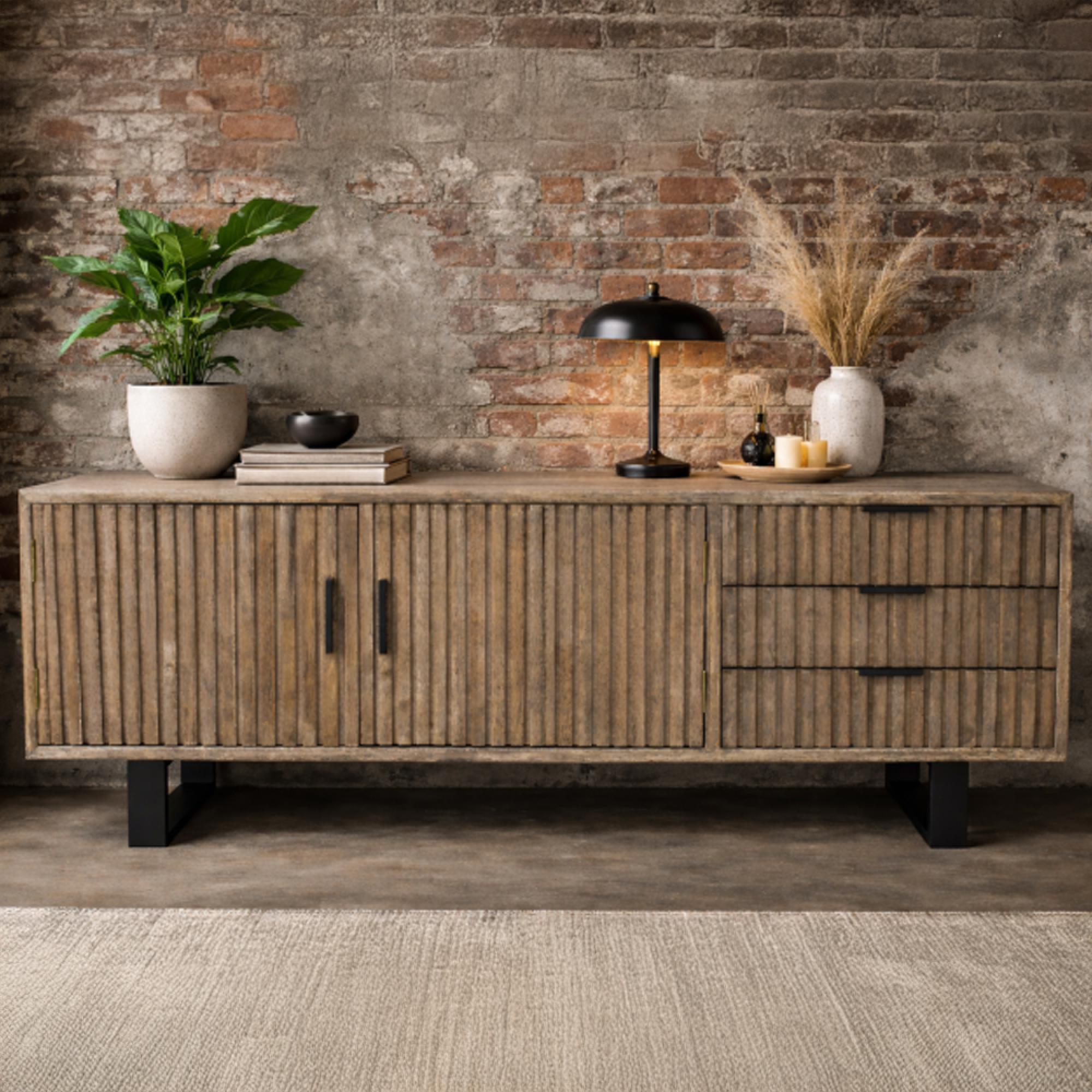 Fluted Low Sideboard - 2 Door - Medium - Rustic - Rubber Wood and Metal