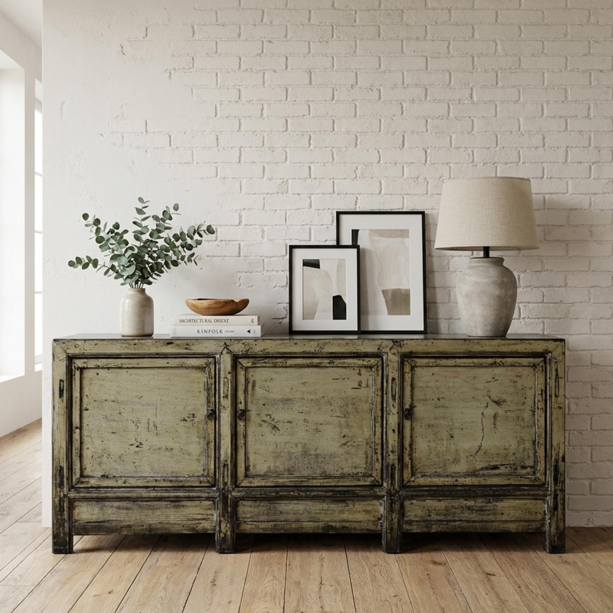 Chinese Sideboard - 3 Door - Extra Large - Distressed Green - Elm Wood