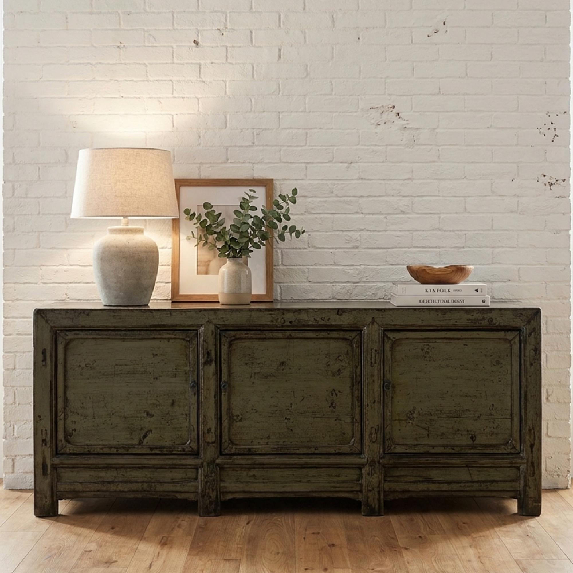Chinese Sideboard - 3 Door - Extra Large - Distressed Olive Green - Elm Wood