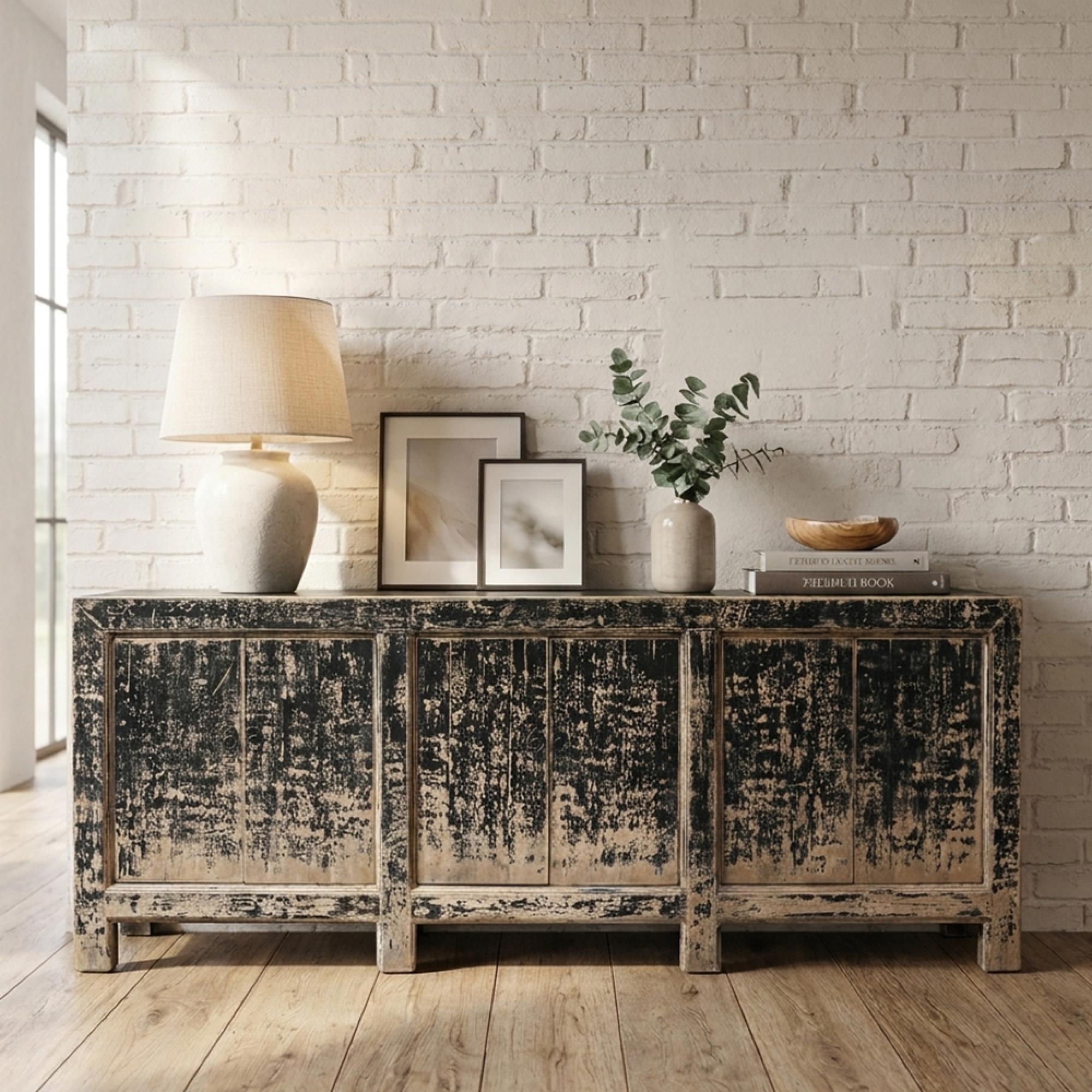 Chinese Sideboard - 6 Door - Extra Large - Distressed Black - Pine Wood