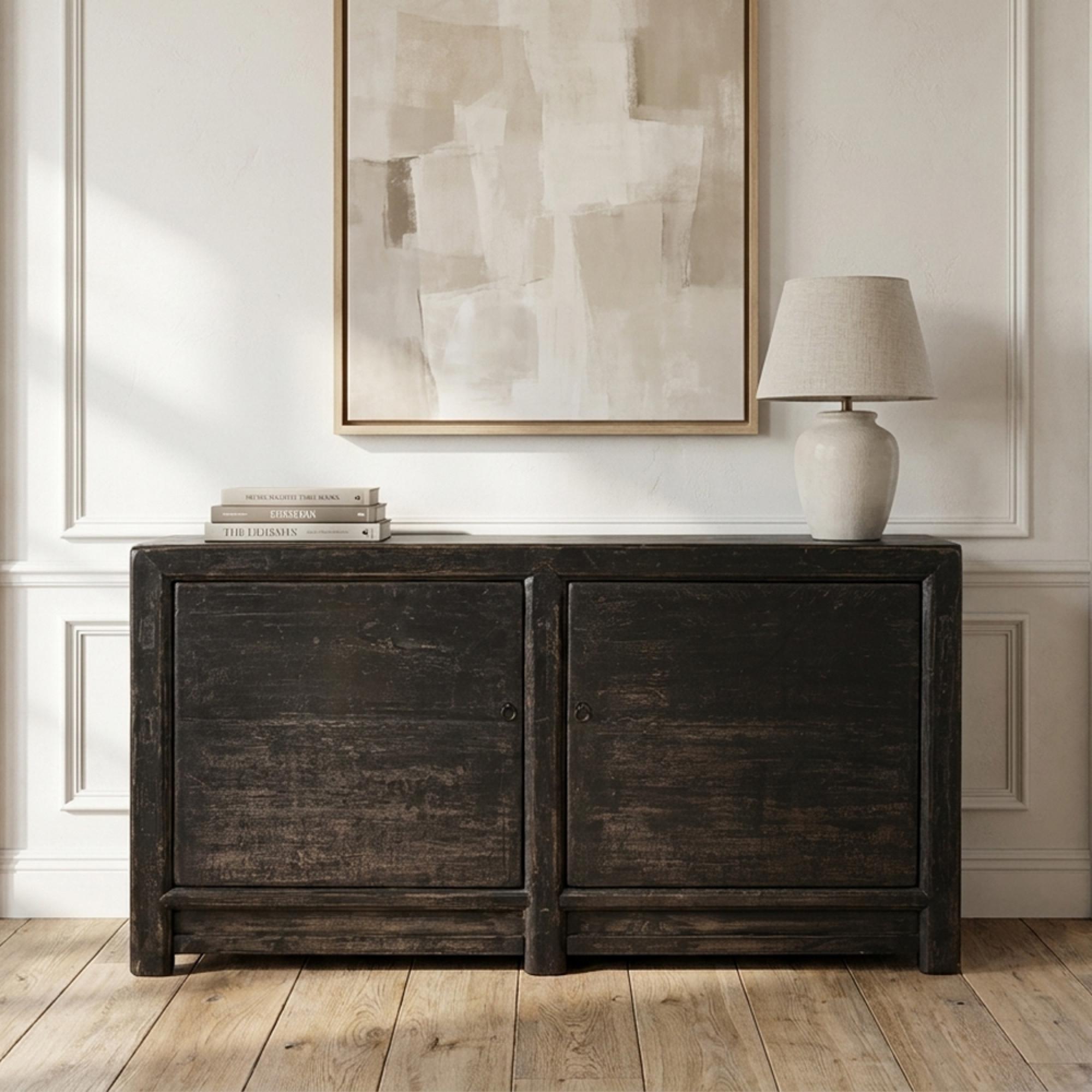 Distressed Sideboard - 2 Door - 154cm - Medium - Rustic Black - Elm Wood